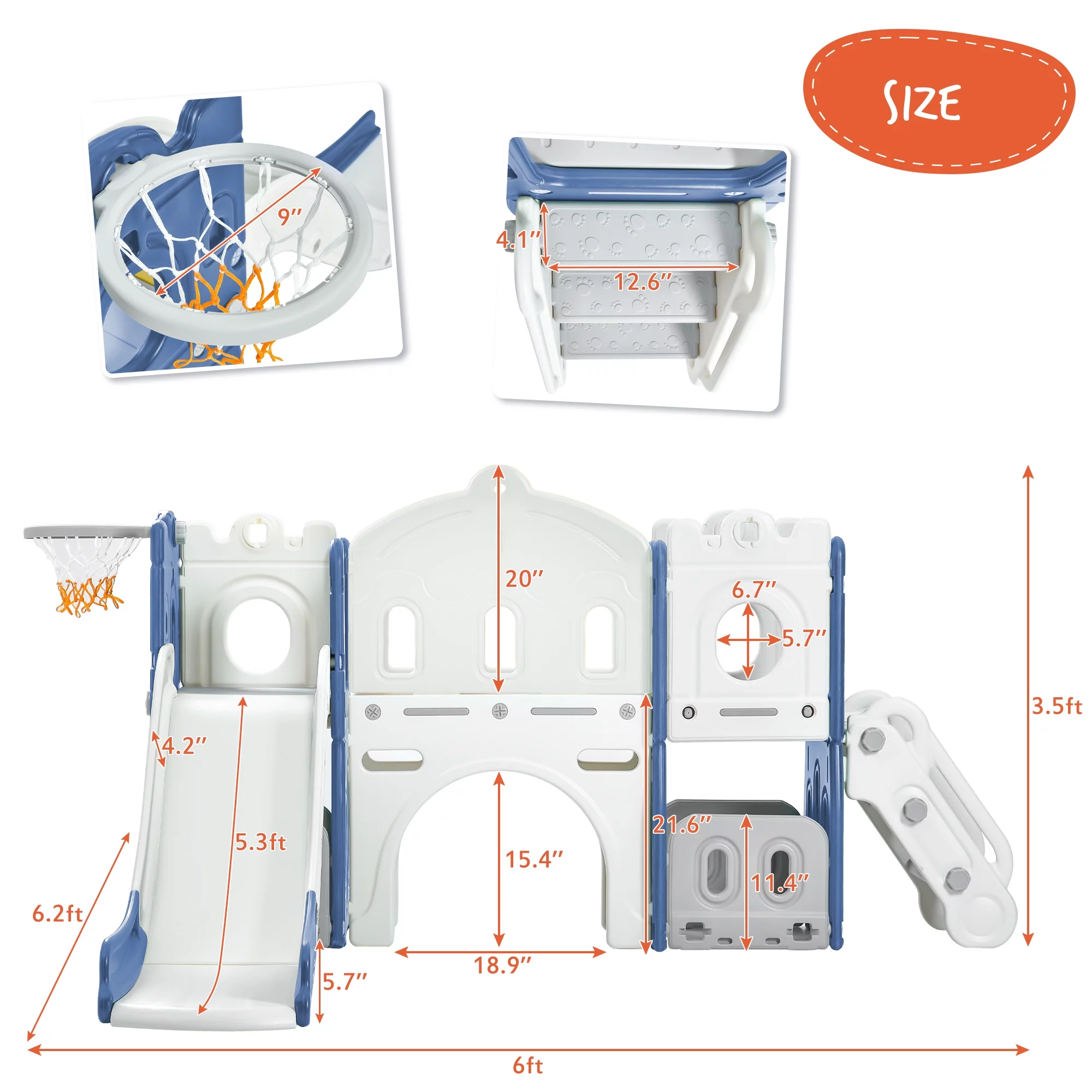 Kids Slide Playset Structure, Freestanding Castle Climber with Slide and Basketball Hoop, Toy Storage Organizer for Toddlers, Kids Climbers Playhouse for Indoor Outdoor Playground Activity