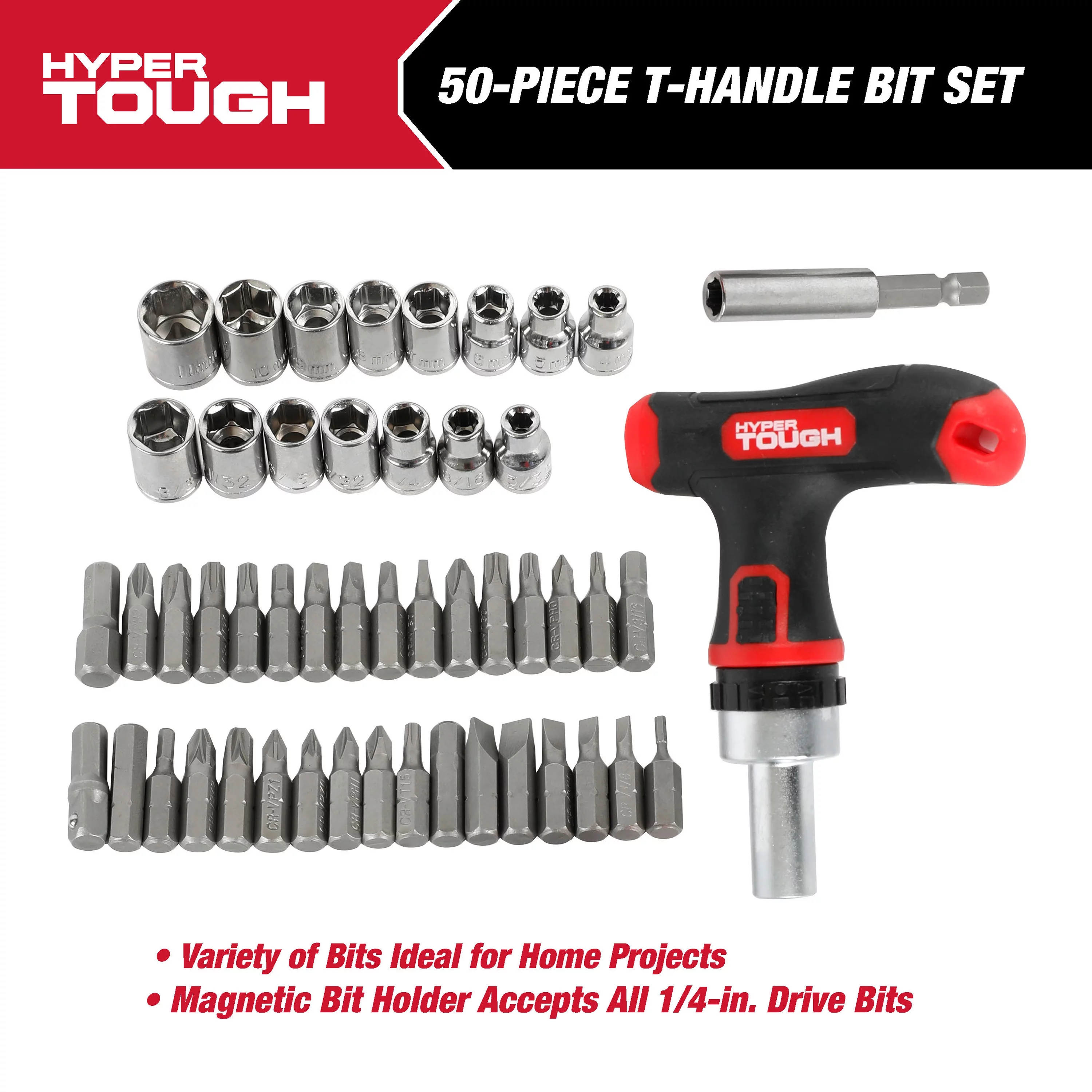 Hyper Tough 50-Piece T-Handle Driver and Drill Bit Set in Click Fit™ Case, 42036CF