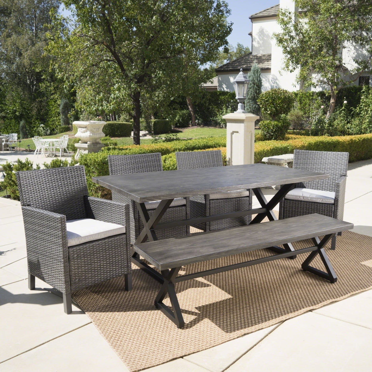 GDF Studio Boris Outdoor Wicker and Aluminum 6 Piece Dining Set with Bench, Gray and Light Gray