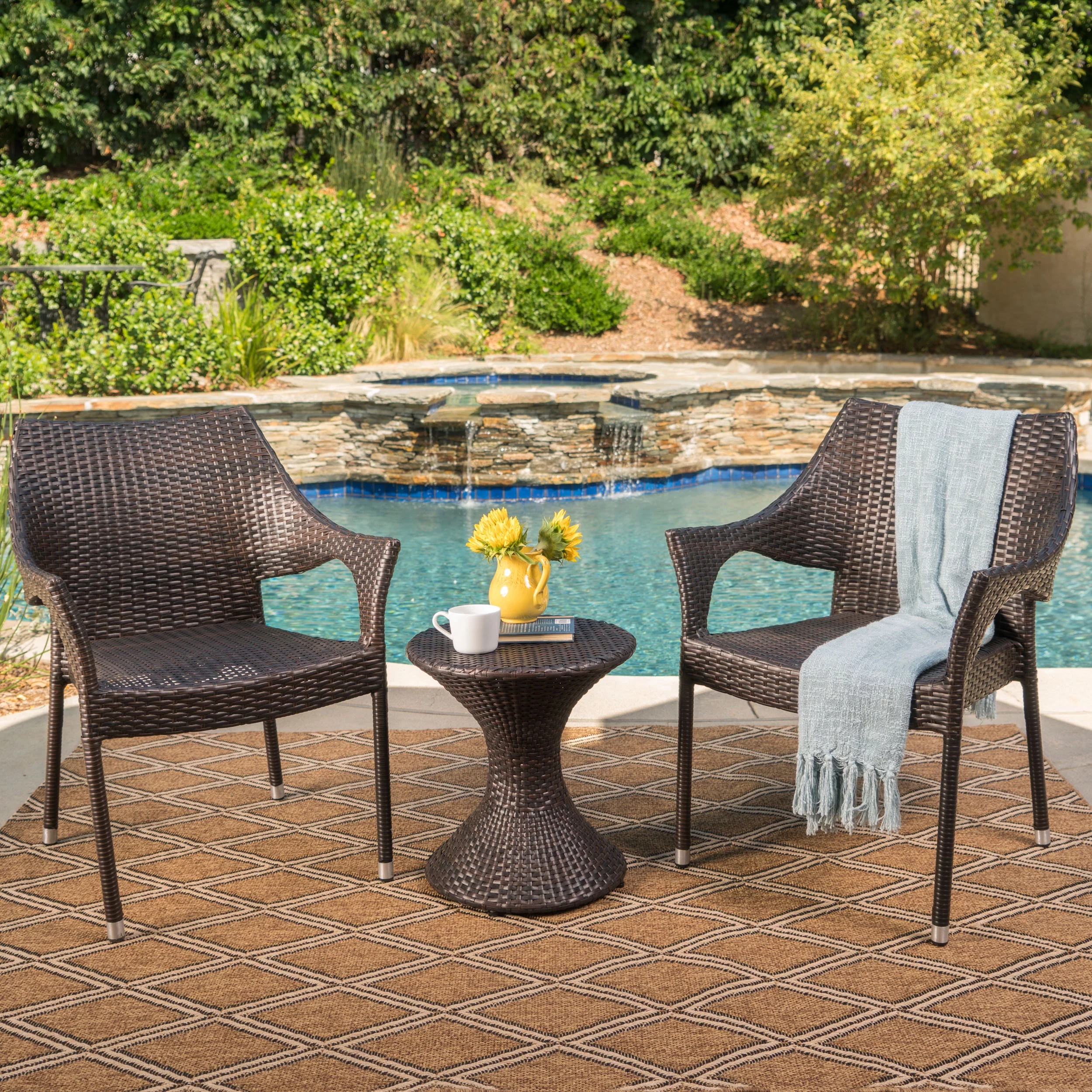Astrid Outdoor 3 Piece Wicker Chat Set with Stacking Chairs and Hourglass Side Table, Multibrown
