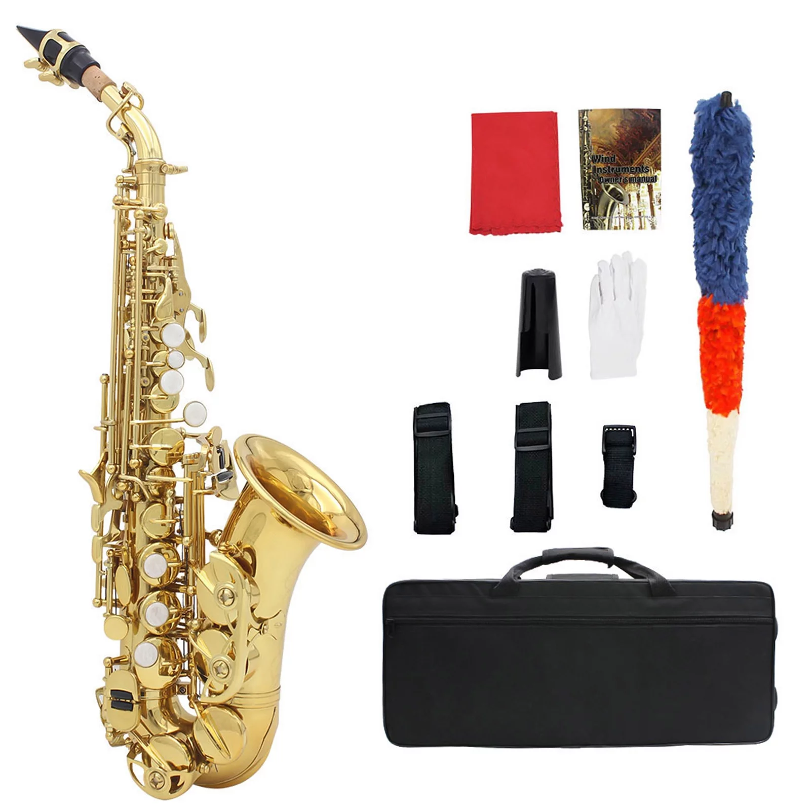 Brass Golden Carve Pattern Bb Bend Althorn Soprano Saxophone Sax Pearl White Shell Buttons Wind Instrument with Case Gloves Cleaning Cloth Belt