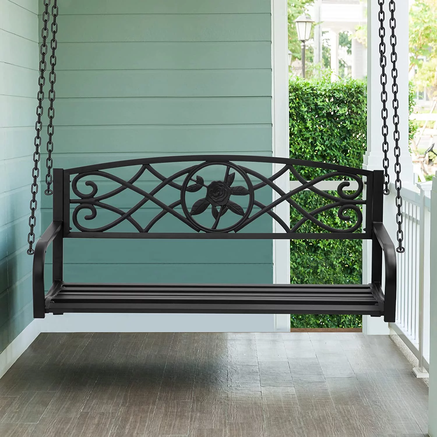 Dextrus Heavy Duty Metal Hanging Porch Swing Chair Outdoor Swing Steel Patio Bench Lounge Capacity 660lb for Garden, Balcony, Living Room, Black Rose