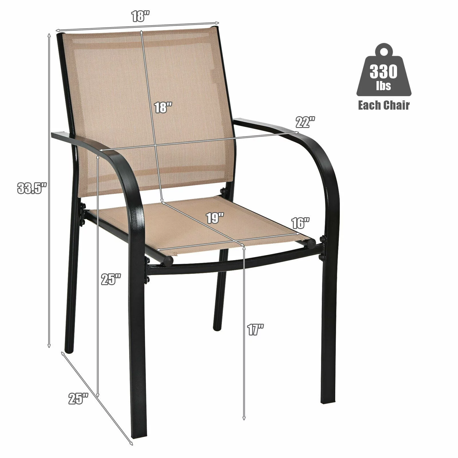 Brown Set of 2 Patio Dining Chairs Stackable with Armrests Garden Deck