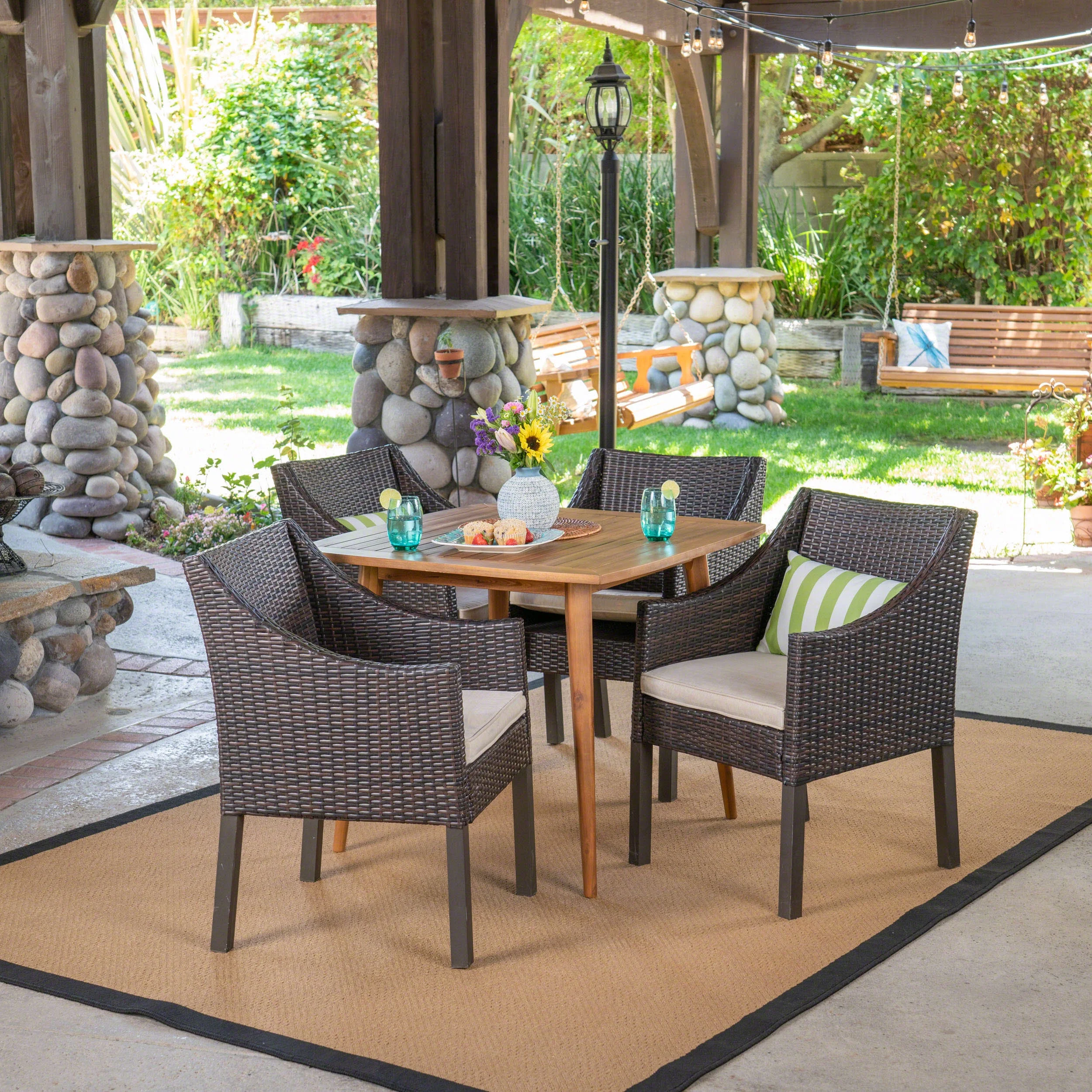 Mikaela Outdoor 5 Piece Acacia Wood and Wicker Dining Set with Cushions, Teak, Multi Brown, Beige