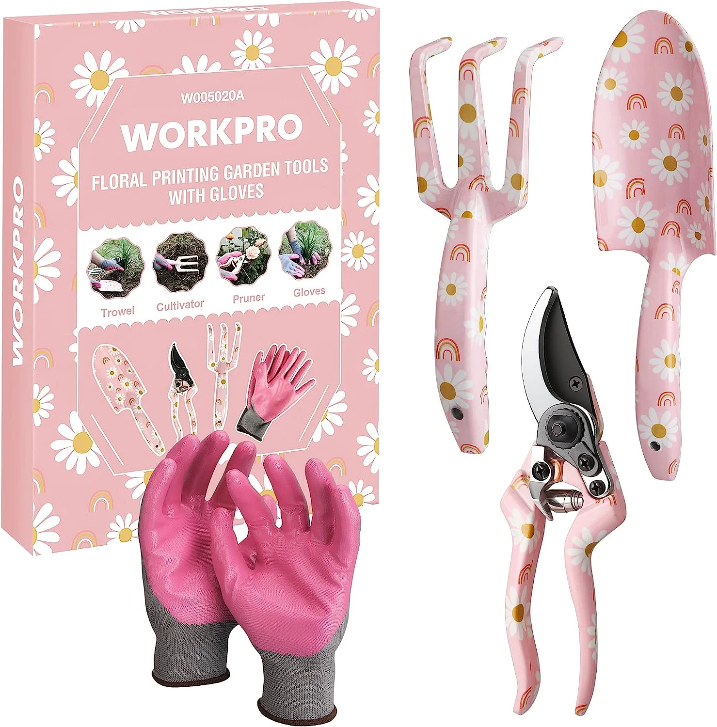 Aluminum Garden Tool Set, 4PCS Heavy Duty Hand Garden Tools with Box Include Trowel, Rake, Pruner, Garden Gloves, Pink, Garden Gifts