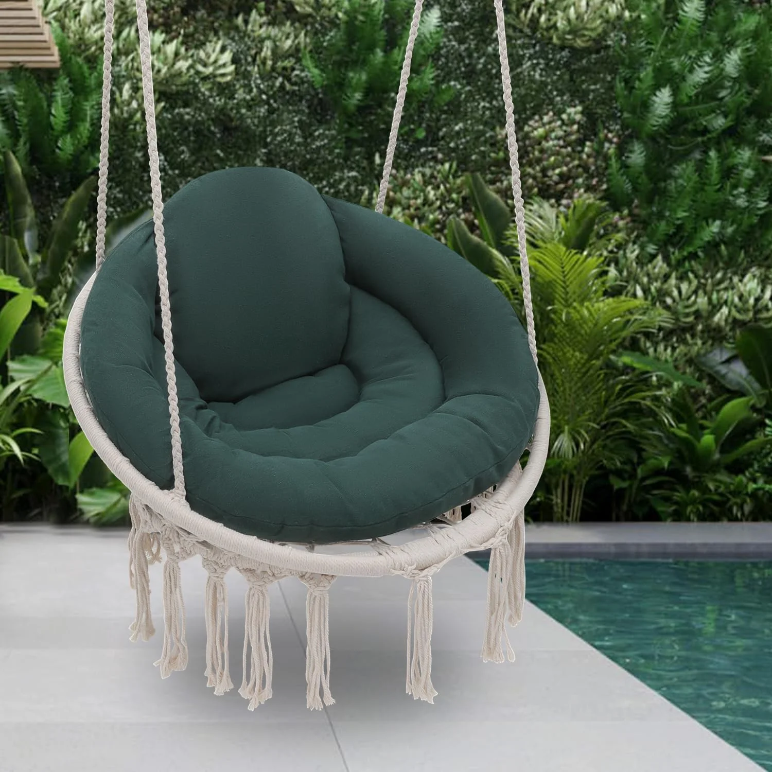 Hanging Hammock Chair With Comfy Cushion Offer Extra Support, Macrame Swing Chair Porch Hanging Chair, 350 Lbs Capacity, Perfect For Backyard Beach ation And Enjoyment (Green And White