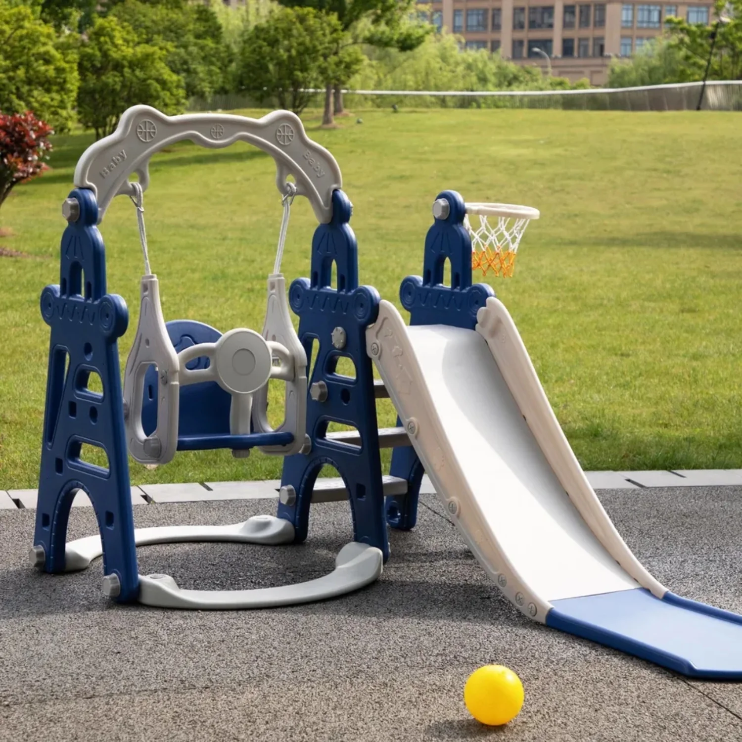 BATE 4 in 1 Kids Swing and Slide Set with Basketball Hoop, Extra Ball, Music Player