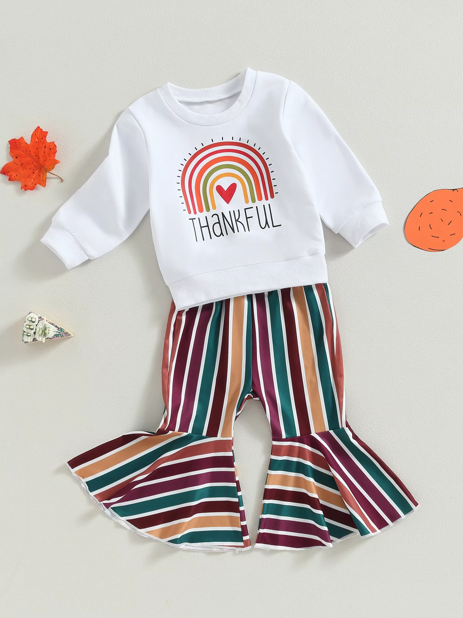 Toddler Baby Girl 2Pcs Thanksgiving Outfits Long Sleeve Rainbow Sweatshirt Pullover Flare Pants Set