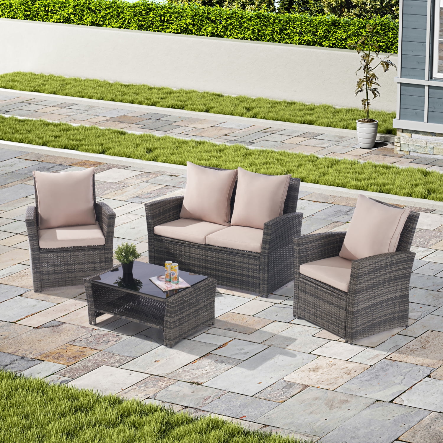 Comfortable and Stylish Gray Rattan Outdoor Patio Furniture Sets with Sand Color Cushion - 4 Piece Set  Modern Garden Wicker Chair Set for Poolside  Lawn Chairs with Tempered Glass Coffee