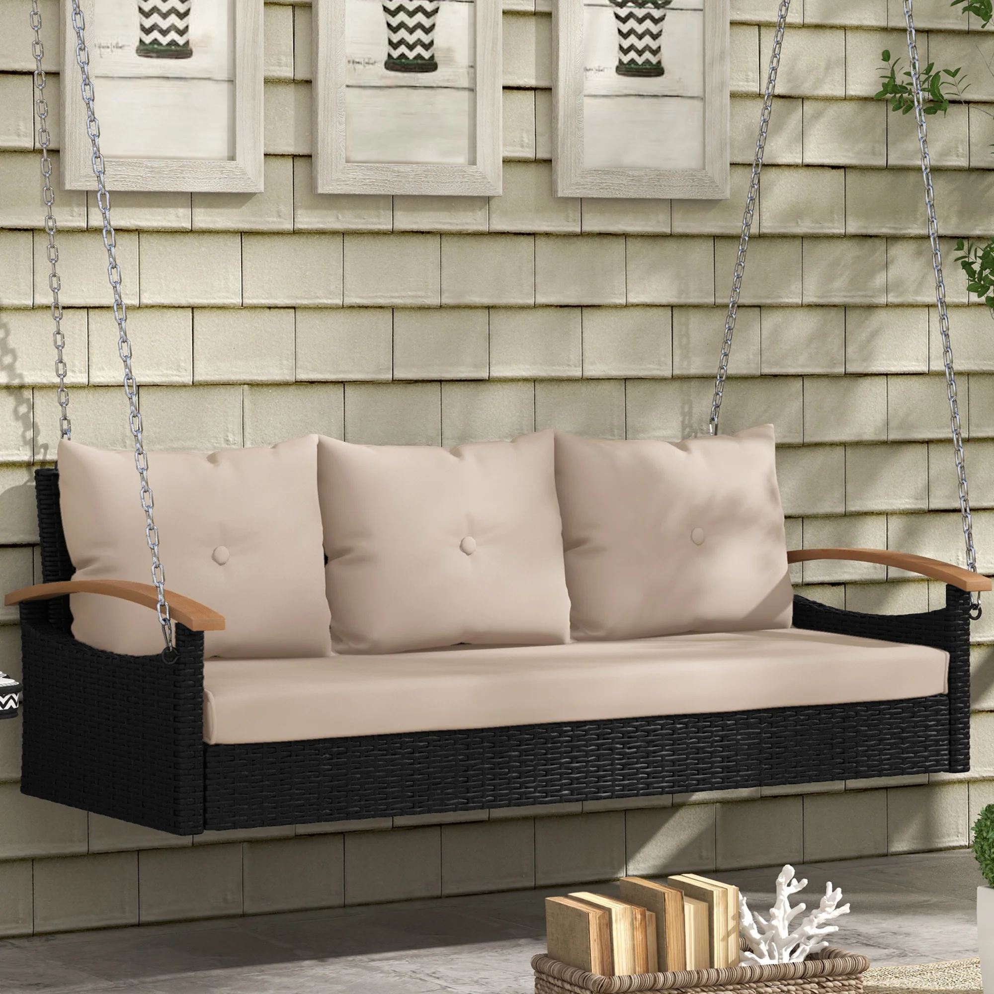 Dextrus 3-Seater Weather-Resistant Porch Swing, Cushioned Wicker Rattan Patio Hanging Chair, Ideal for Garden, Balcony, Deck, Accommodates Adults and Kids