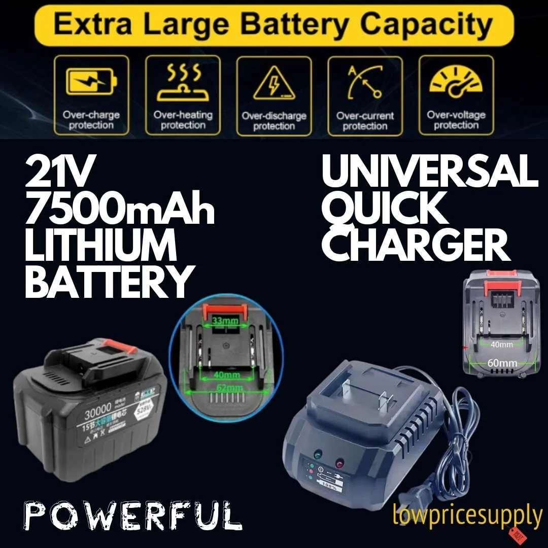 Turbo 21V Rechargeable Battery 7500mAh Lithium Ion Battery 528VF w/Lithium Battery Charger for Leaf Blower, Mini Saw, Chainsaws, Weed Wacker, Makita