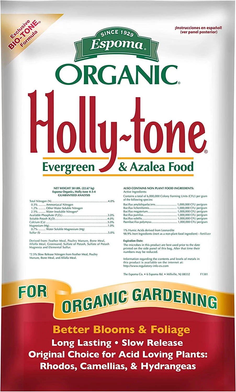 Organic Holly-tone 4-3-4 Natural & Organic Evergreen & Azalea Plant Food; 50 lb. Bag; The Original & Best Fertilizer for all Acid Loving Plants including Rhododendrons & Hydrangeas.
