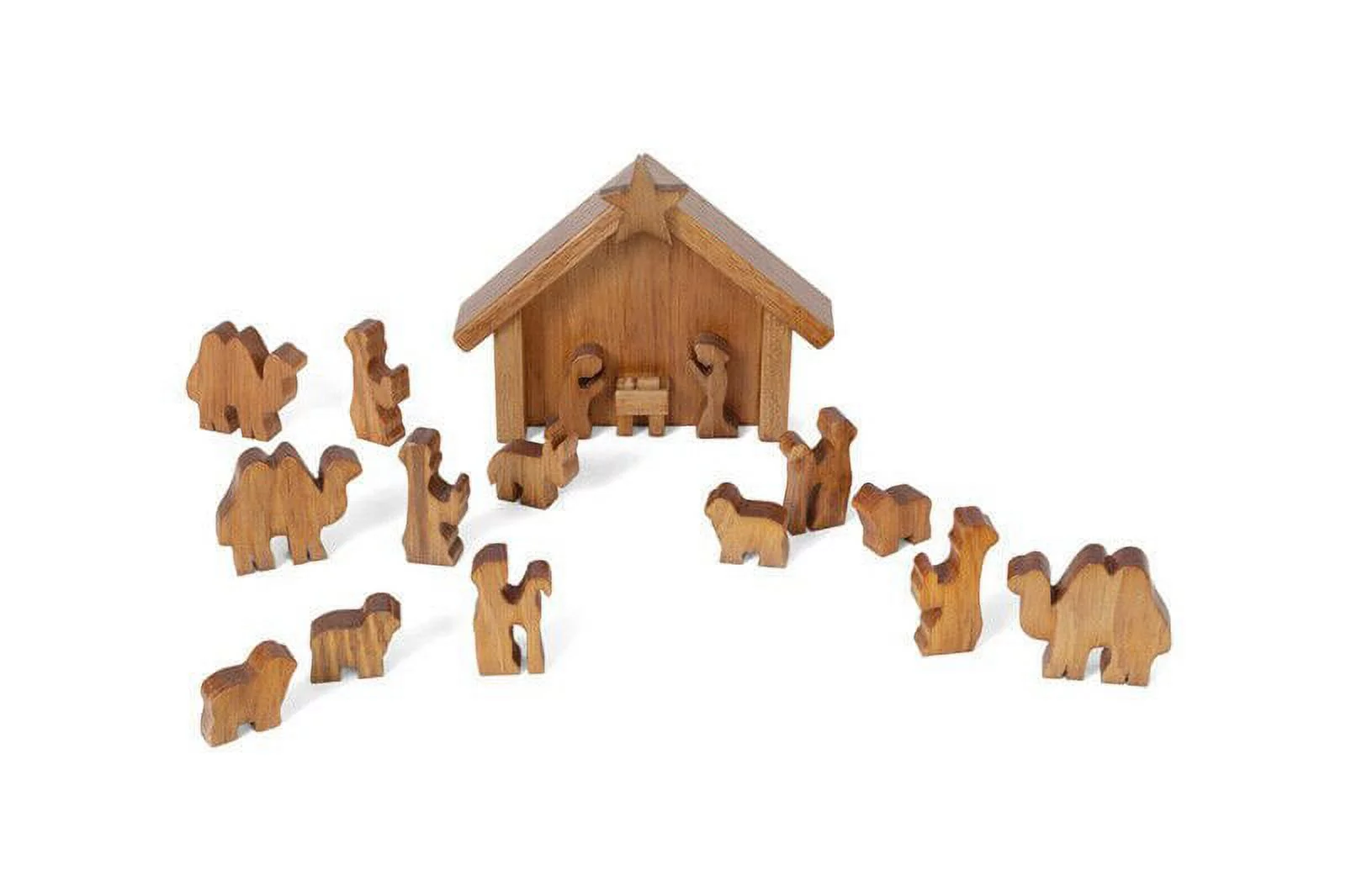 Amish-Made Wooden Nativity Manger Scene Set, 14 Pieces Harvest Stain Finish