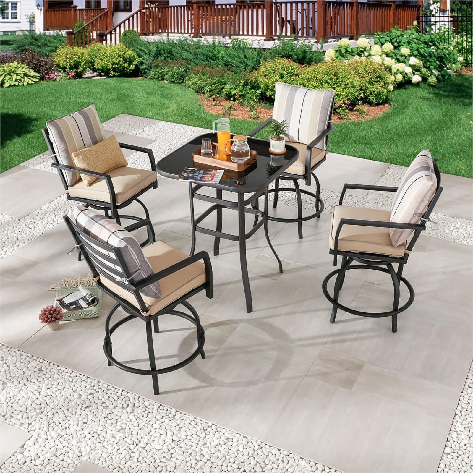 Patio Festival Fabric 5-Piece Outdoor Bistro Set in Beige & Black