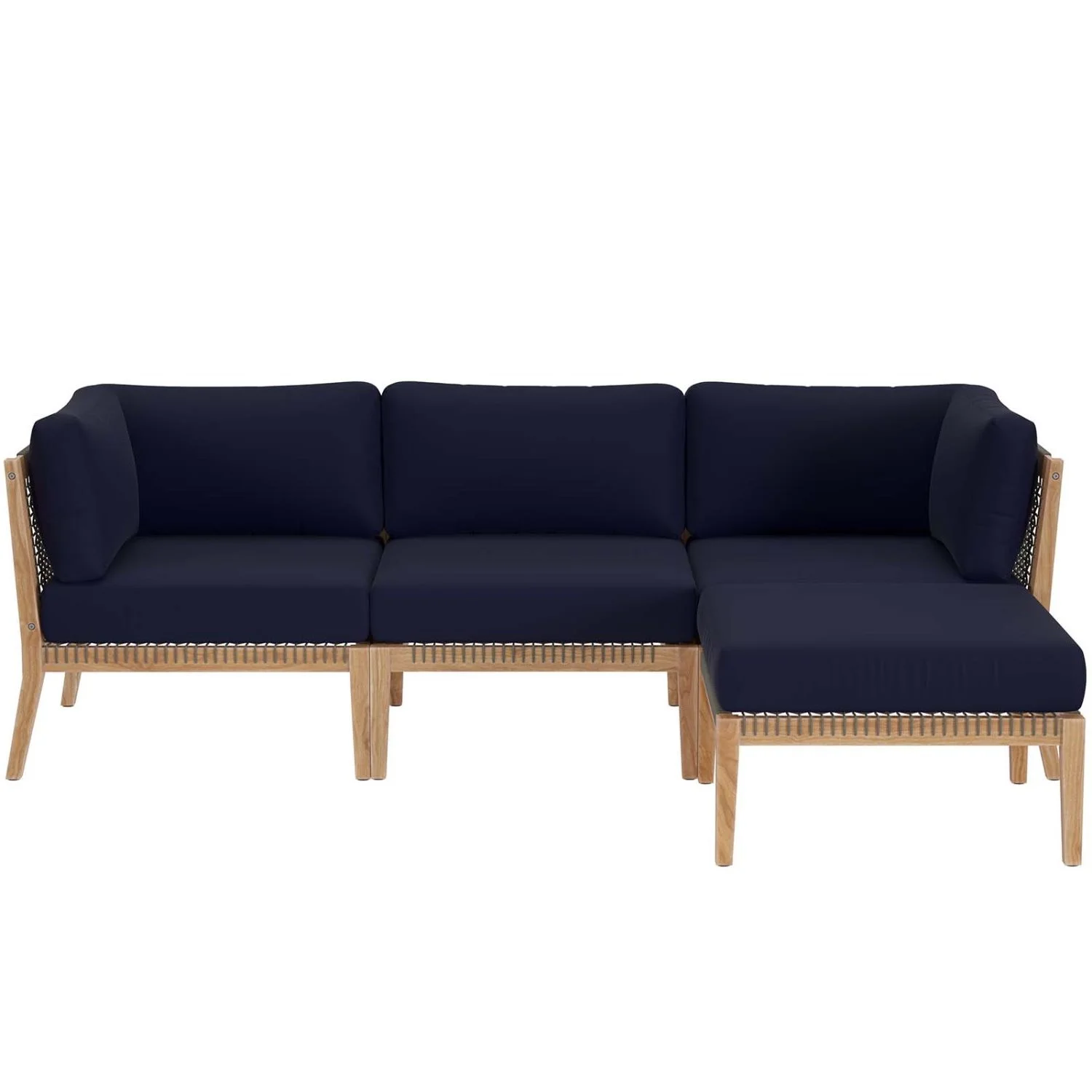 Lounge Sectional Sofa Set, Blue Navy Natural, Teak Wood, Outdoor Patio Balcony Cafe Bistro Garden Hospitality Restaurant, Modern Contemporary HB34454