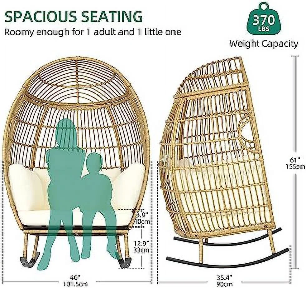 QYFZBIM ° Swivel Egg Chair Outdoor  370lbs Capacity Wicker Patio Rotating Basket Chair  All-Weather Oversized Stationary Egg Basket Chair for Indoor Outside (Beige)