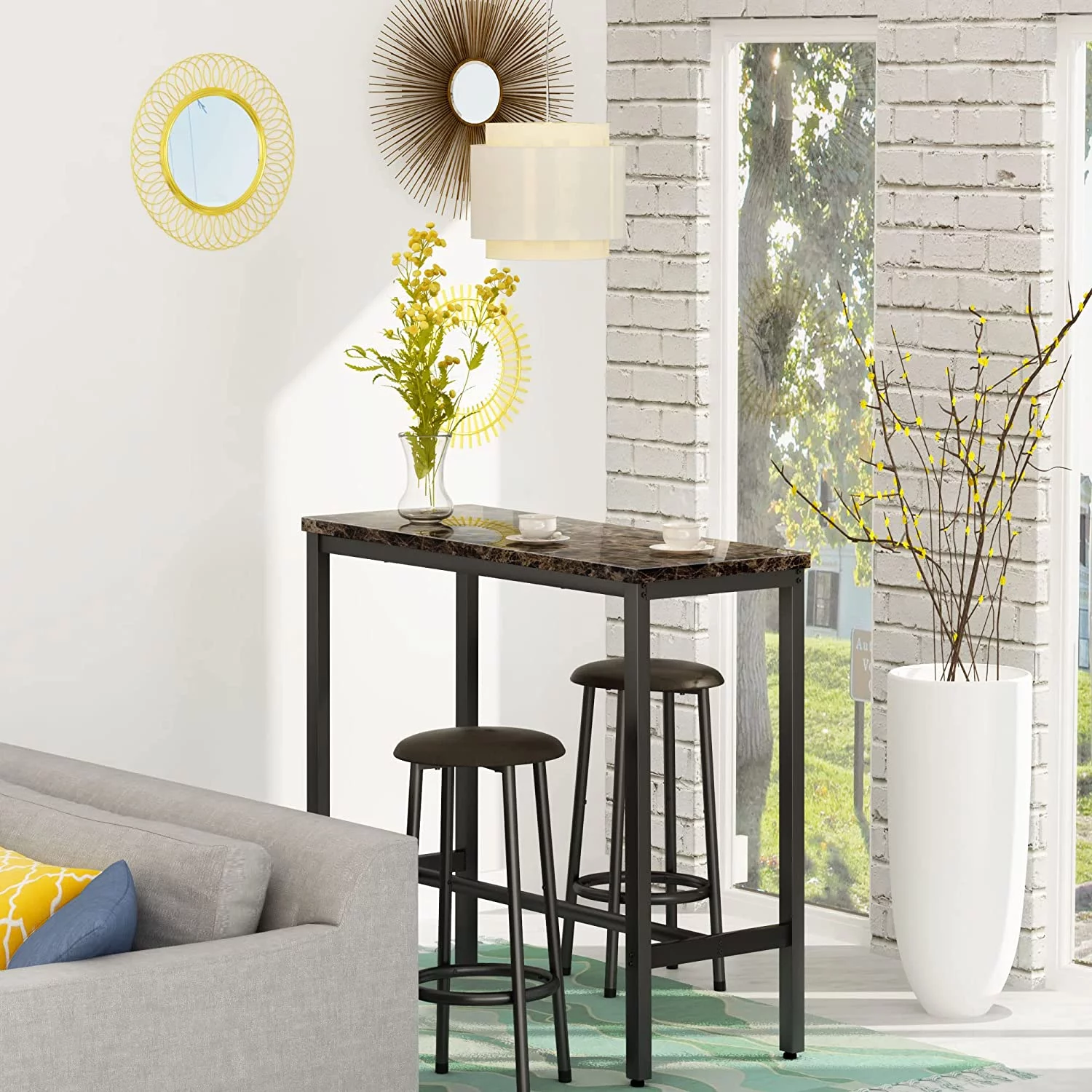 ZFGSUIJN Set  3 Pieces Round Dining  Set with Counter Height Faux Marble  and 2 Stools  Space Saving   and Chairs Set for Breakfast Nook Apartment Cafe Small Space  Green