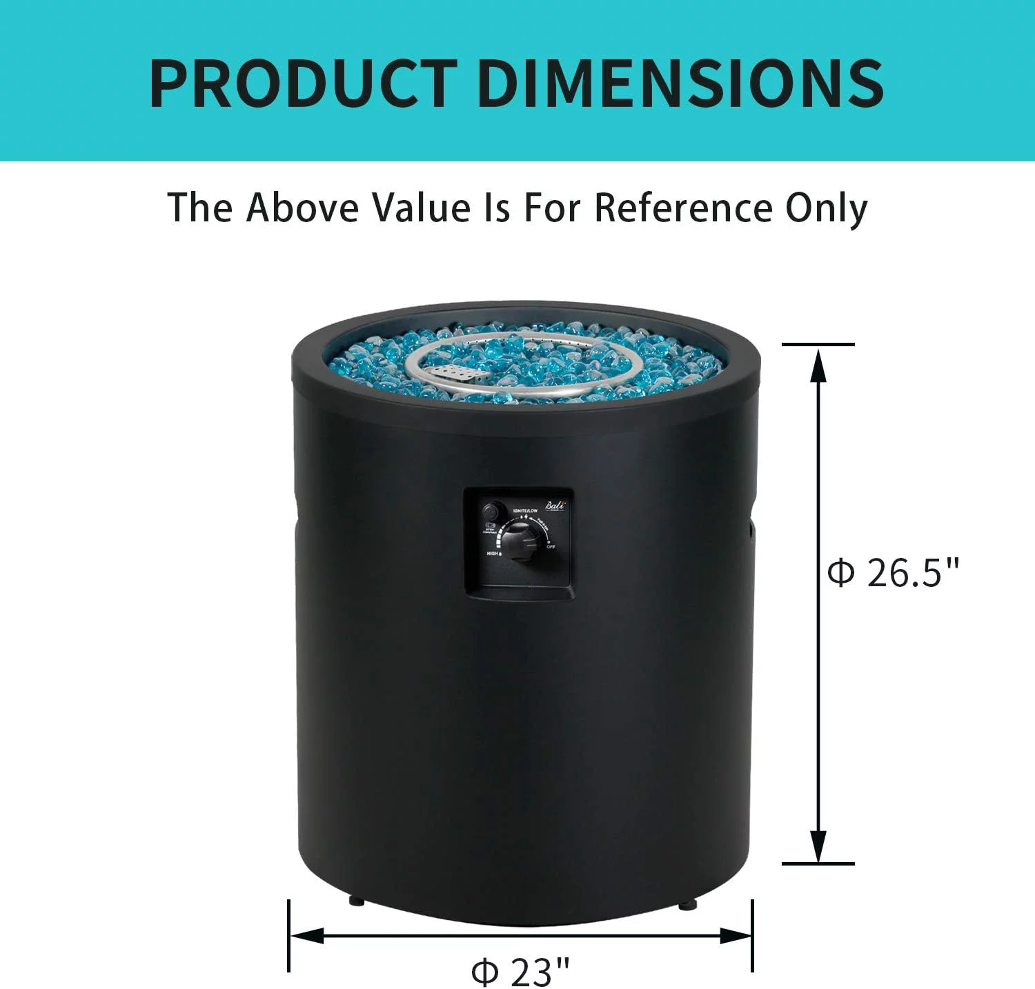 Gas Fire Pit Propane Fire Column, 23 Inch Cylinder Firepit, 50,000BTU Round Fire pits, Patio Fire Place W/ 22lb Blue Fire Glass, Black