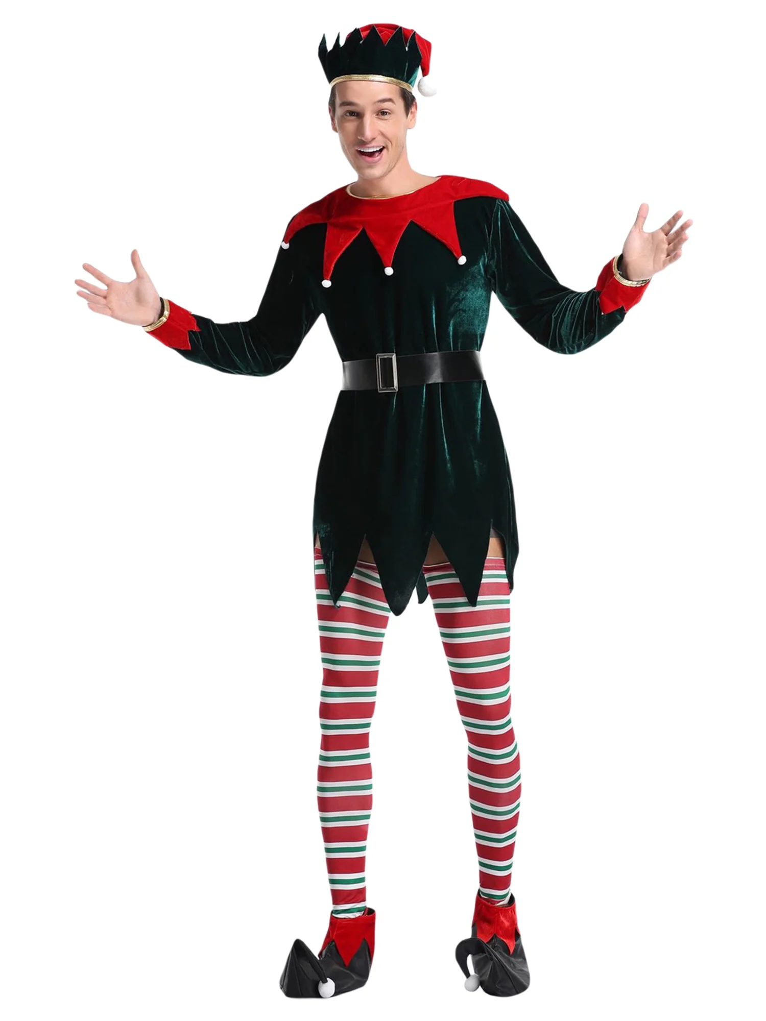 Tsseiatte Men's 4PCS Christmas Cosplay Costume Adult Elf Costume Suit Holiday Halloween Christmas Cosplay Set for Role Play