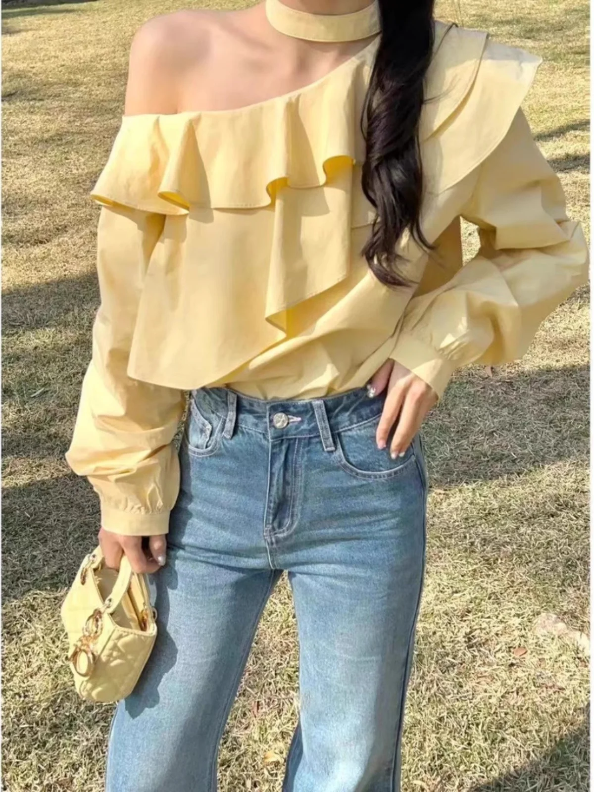 Loose And Age -Reducing Lotus Leaf Chiffon Shirt Women'S Spring Design Sense Revealing Shoulder Hanging Neck Fairy Top French Diagonal Shoulder Lining