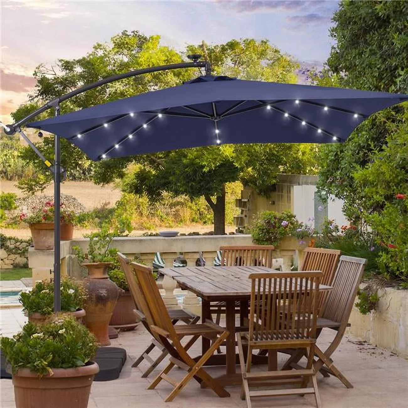 8.2 ft. x 8.2 ft. Patio Offset Cantilever Umbrella With LED Lights, Rectangular Canopy, Steel Pole and Ribs in Navy Blue