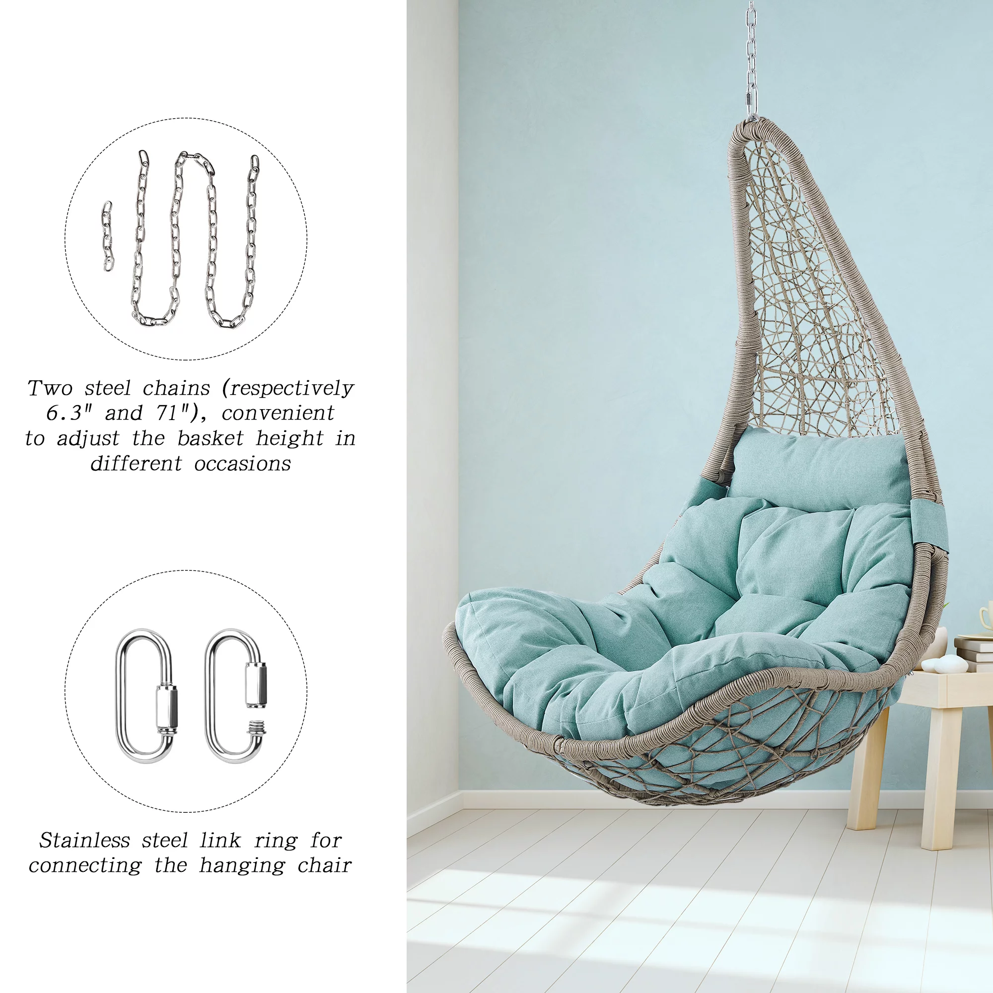 Iwicker Outdoor Hanging Swing Chair, Patio Wicker Tear Drop Porch Swing Chair with Cushion, Blue