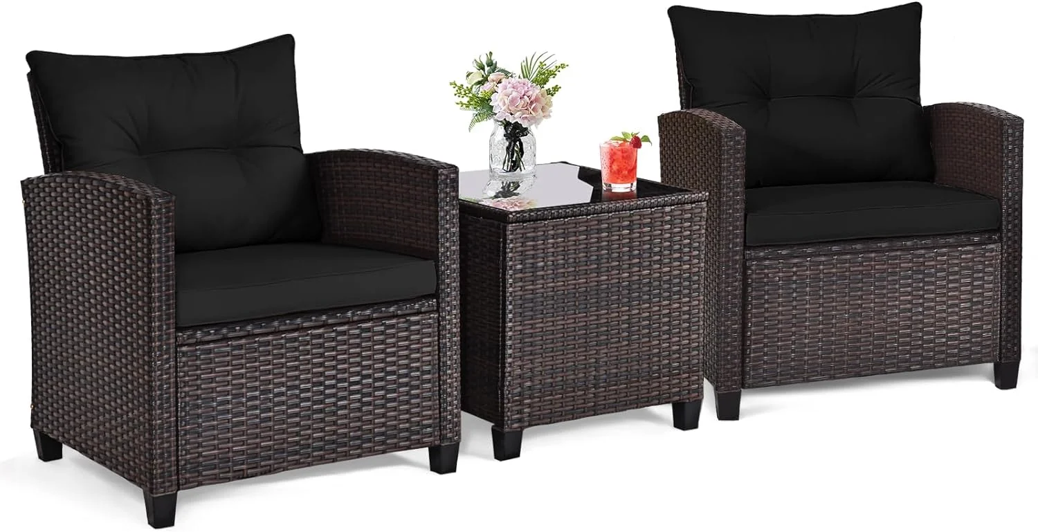 Dina 3 Pieces Patio Furniture Set  Outdoor Wicker Conversation Set Rattan Chairs with Cushions  Glass Coffee Table  Bistro Set for Front Porch Balcony Garden Deck Poolside (Navy)