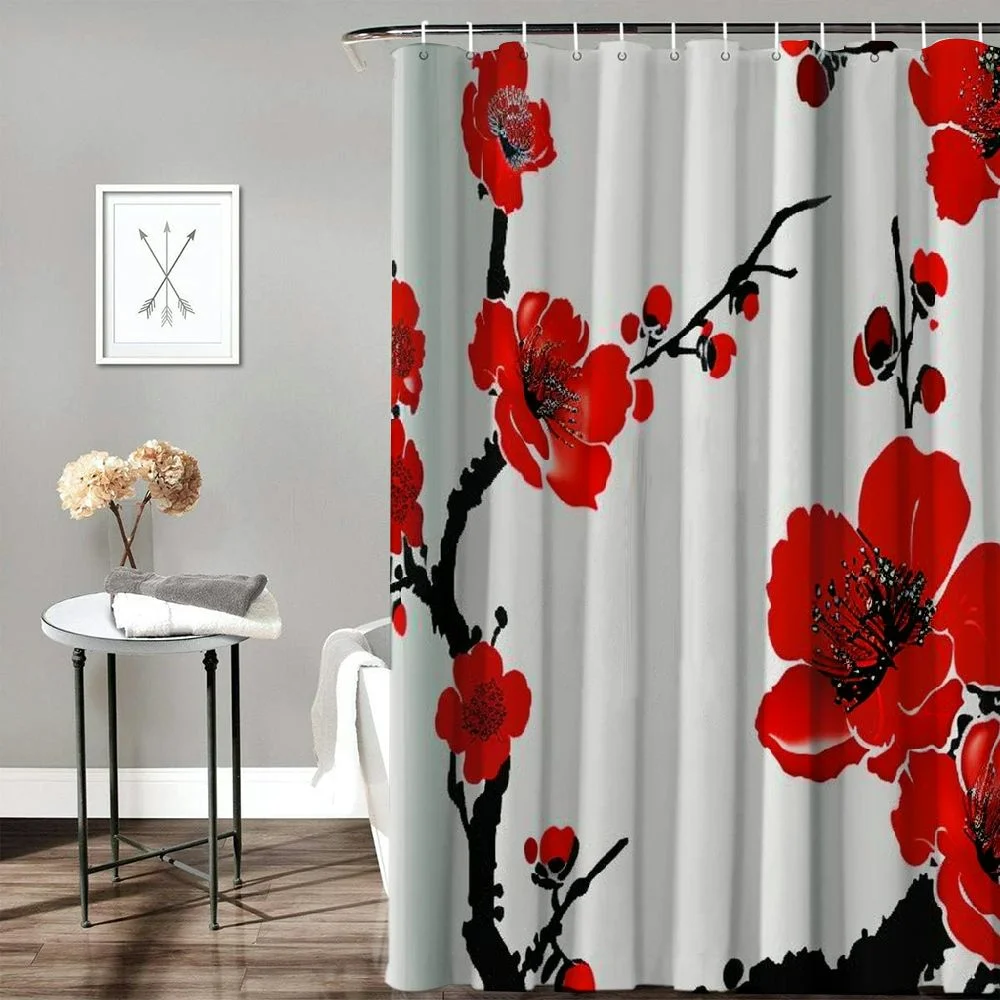 BCIIG Red Floral Blossom Shower Curtain for Bathroom  Plum Asian Japanese Cherry Blossoming Weeping Flower Aesthetic Bathtub Decor Ink Waterproof Polyester Fabric