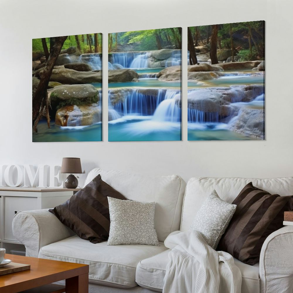 Jiayy Waterfall Forest Trees Art Wall Decor Oil Painting 12x16in x3 Print On Canvas 12x16x3pcs