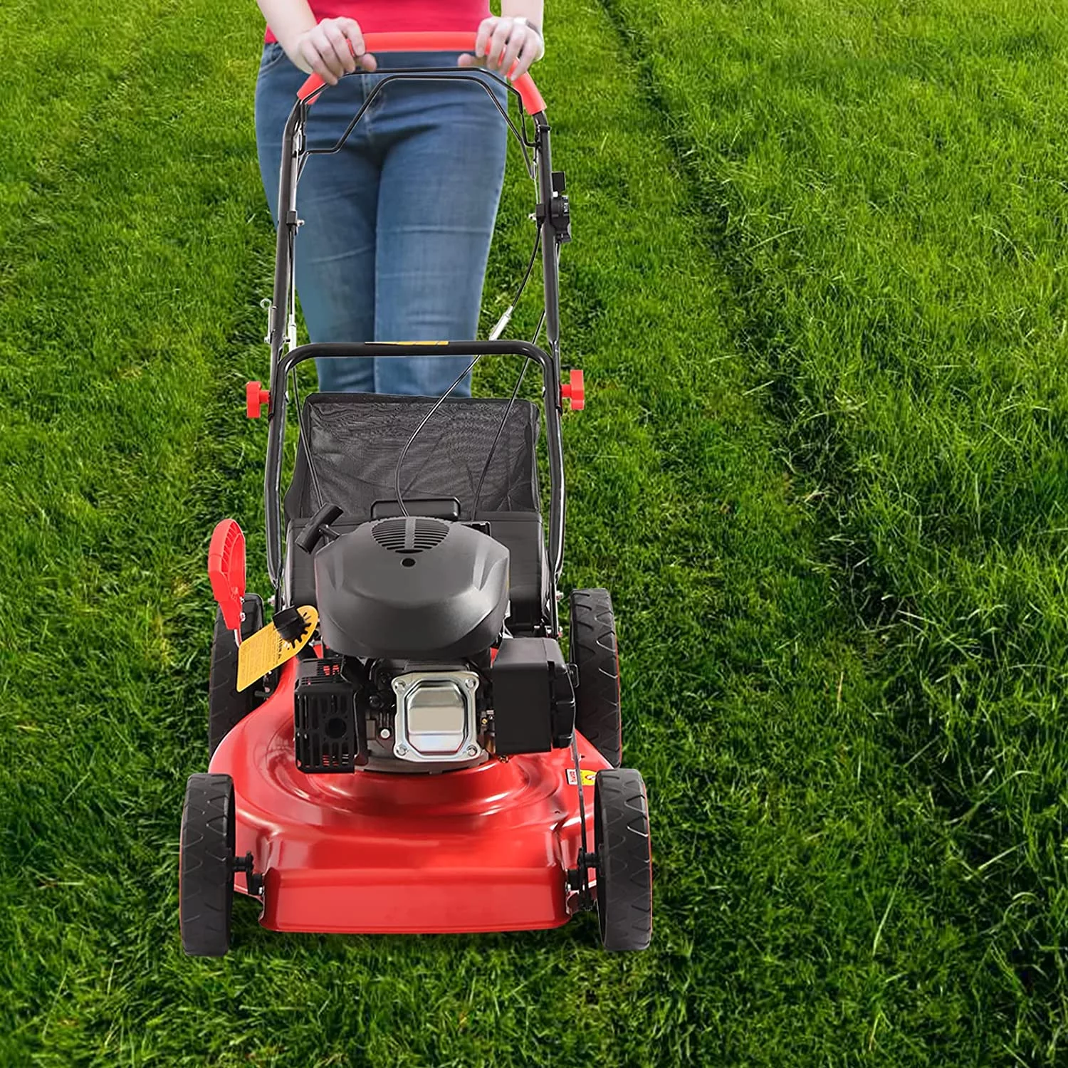 Dina 20 Inch Walk Behind Push Lawn Mower with High Rear Wheels  173CC Gas Engine Self Propelled Lawn Mower  60L Bag+1.6L Fuel Tank  4000W/6HP