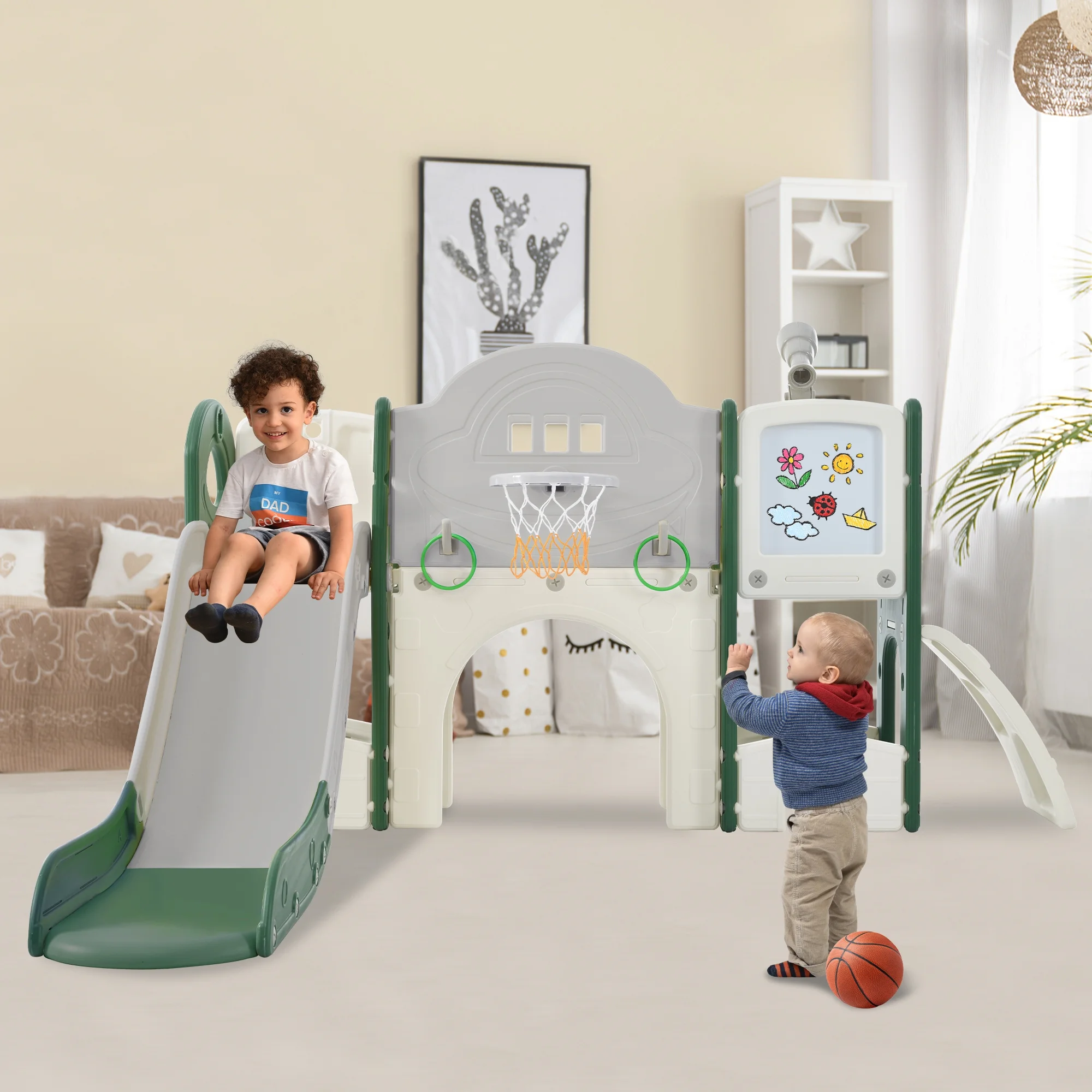 Kids Slide Playset Structure 9 in 1, Freestanding Spaceship Set with Slide, Arch Tunnel, Ring Toss, Drawing Whiteboardl and Basketball Hoop for Toddlers, Kids Climbers Playground