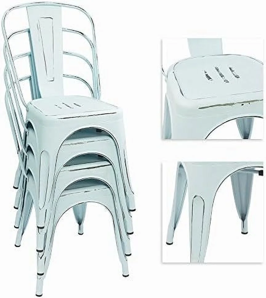 SJOLKMN Metal Indoor-Outdoor Chairs Distressed Style Kitchen Dining Chairs Stackable Side Chairs with Back Set of 4 (Silver)