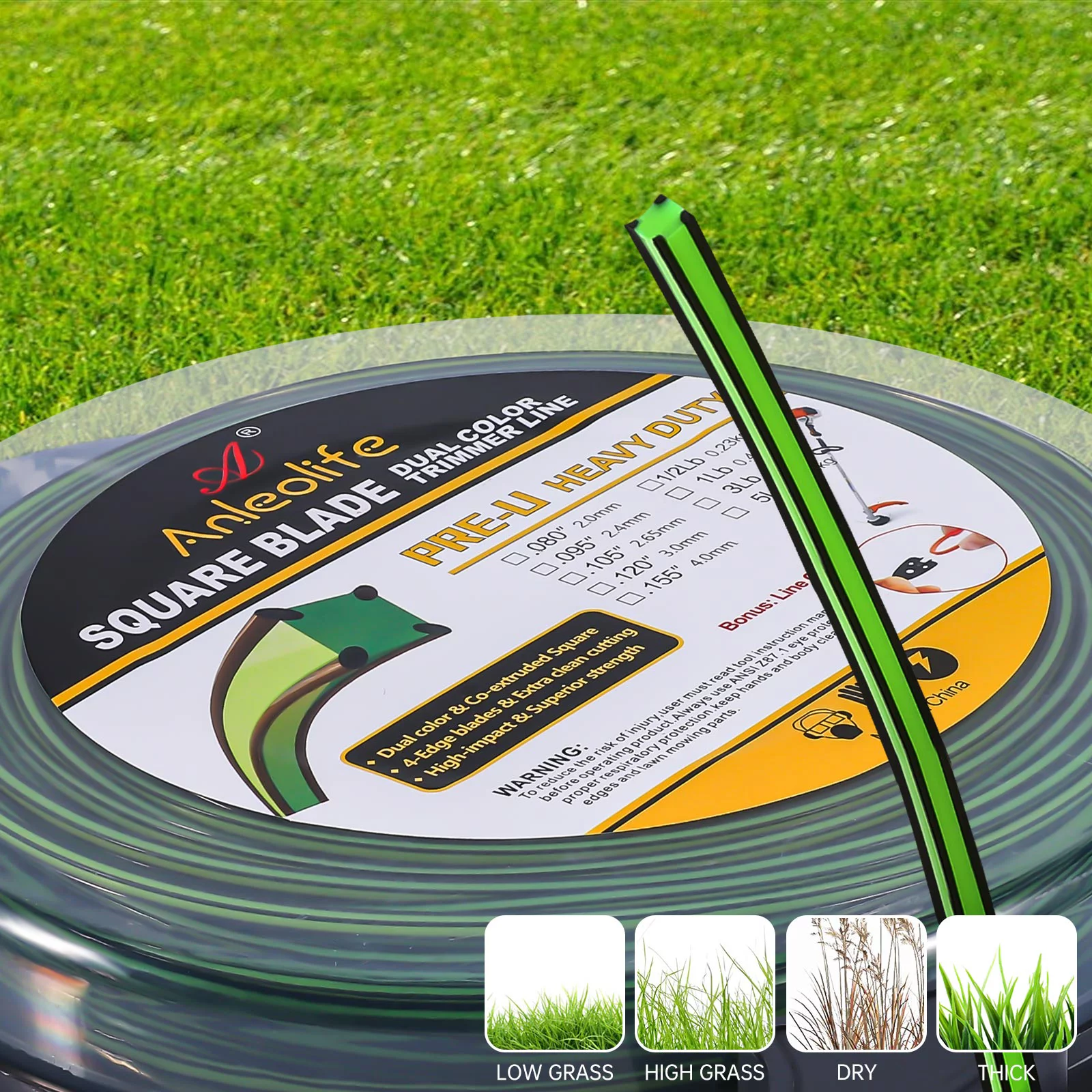 A ANLEOLIFE 1-Pound Commercial Square .080-Inch-by-328-ft Trimmer Line Donut,Pre-U Co-Extruded Multi-Blade Weed Eater String, Green