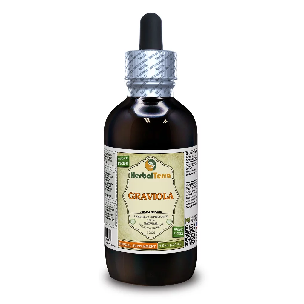 Graviola Dry Leaf Absolutely Natural Expertly Extracted by Trusted HerbalTerra Brand Certified Organic Alcohol-Based Liquid Extract. Proudly made in USA. Tincture 4 Fl.Oz