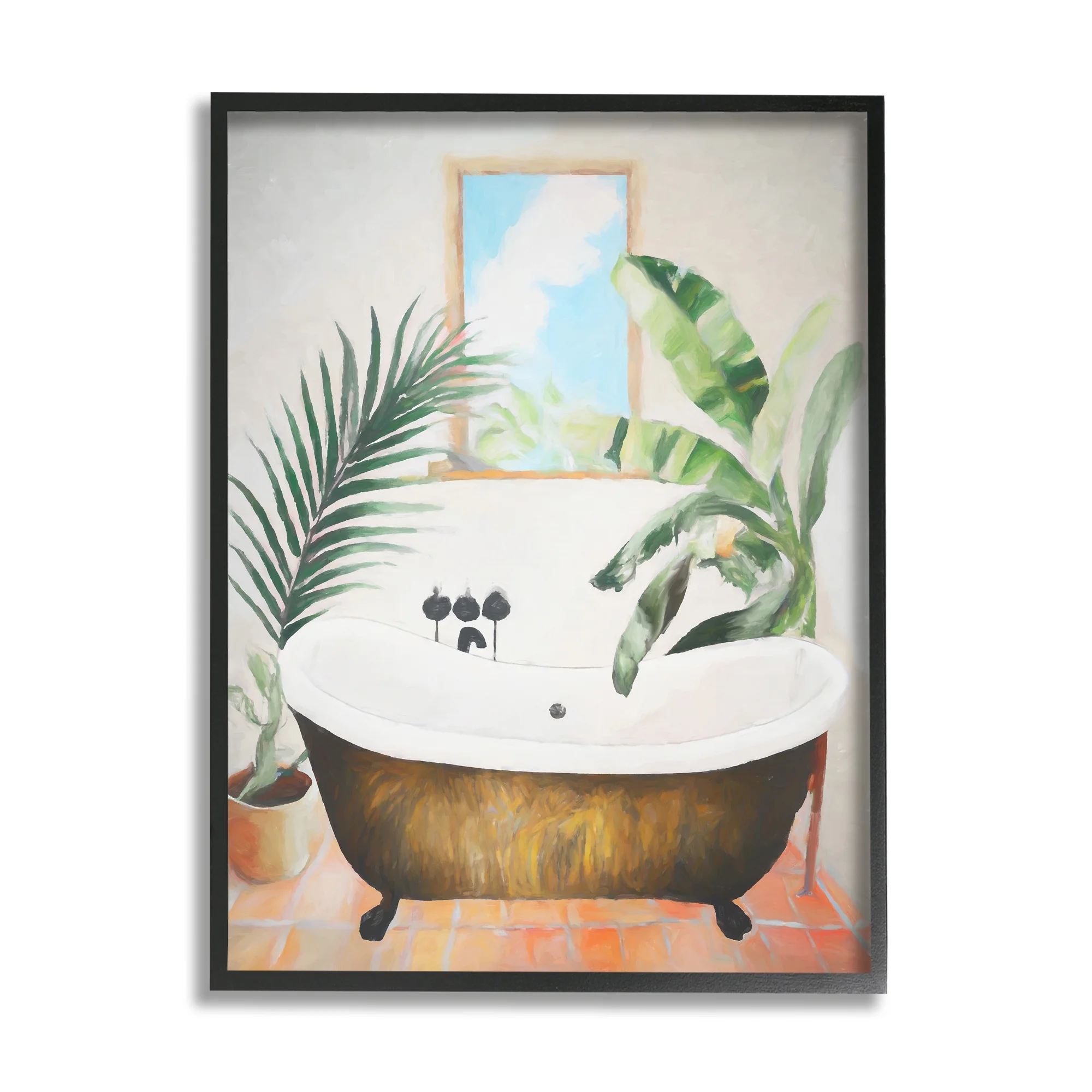 Stupell Industries Tub with Tropical Plants Botanical & Floral Painting Black Framed Art Print Wall Art, 11 x 14