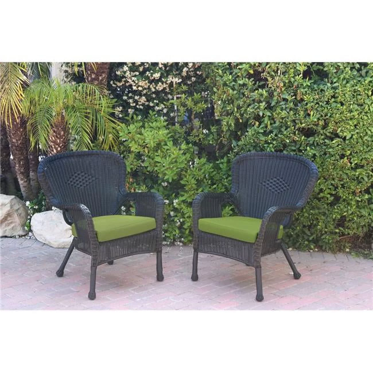 Jeco W00214-C-2-FS029 Windsor Black Resin Wicker Chair with Green Cushion - Set of 2