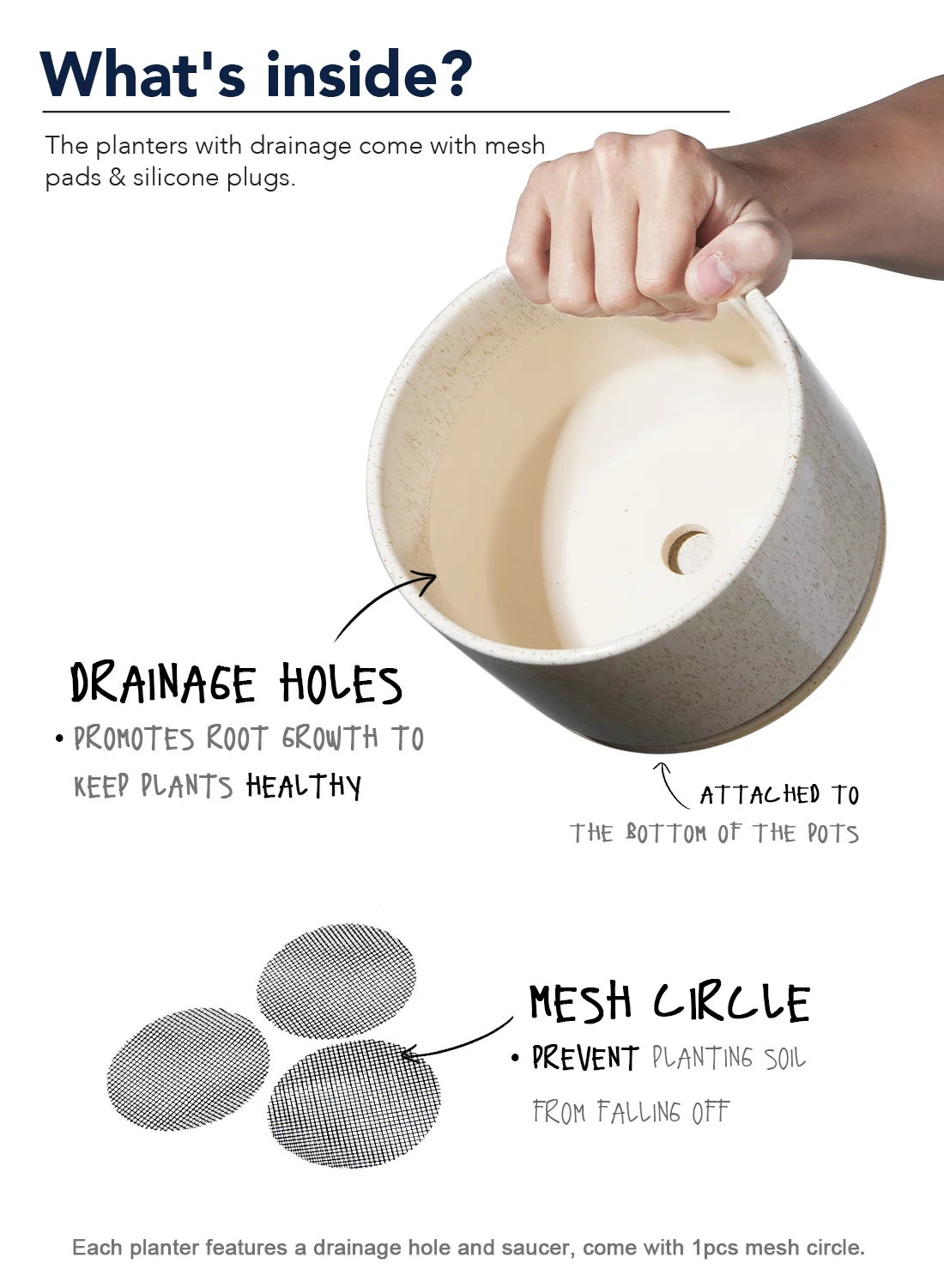 LE TAUCI 4.3+5.3+6.8 Inch Ceramic Plant Pots with Drainage Hole and Saucer, Set of 3, Reactive Glaze Beige