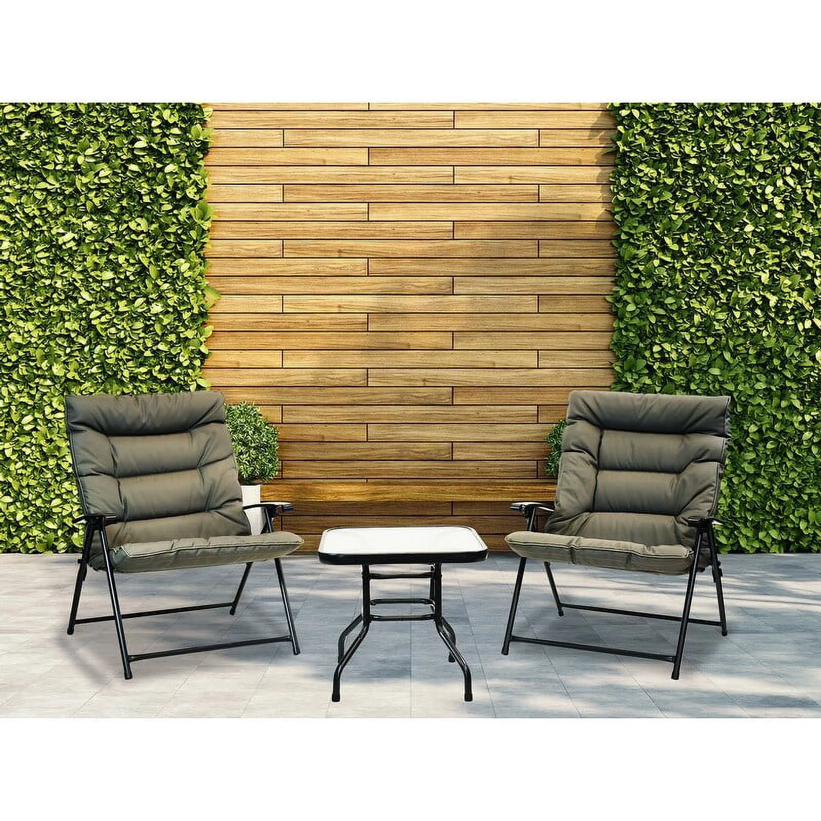 Patio Premier 3pc Folding Set with Cushions, Black Frame, Olive Cushions