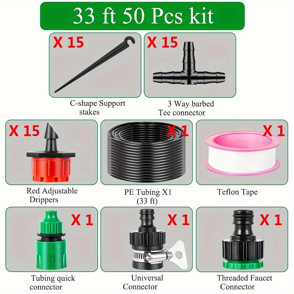 50Pcs Automatic Drip Irrigation Kit Set, Quick Connector DIY Watering Misting System with 1/4” Distribution Tubing, Nozzle Emitter Barbed Fittings for Plant, Greenhouse, Garden and Yard 10M(33 FT)