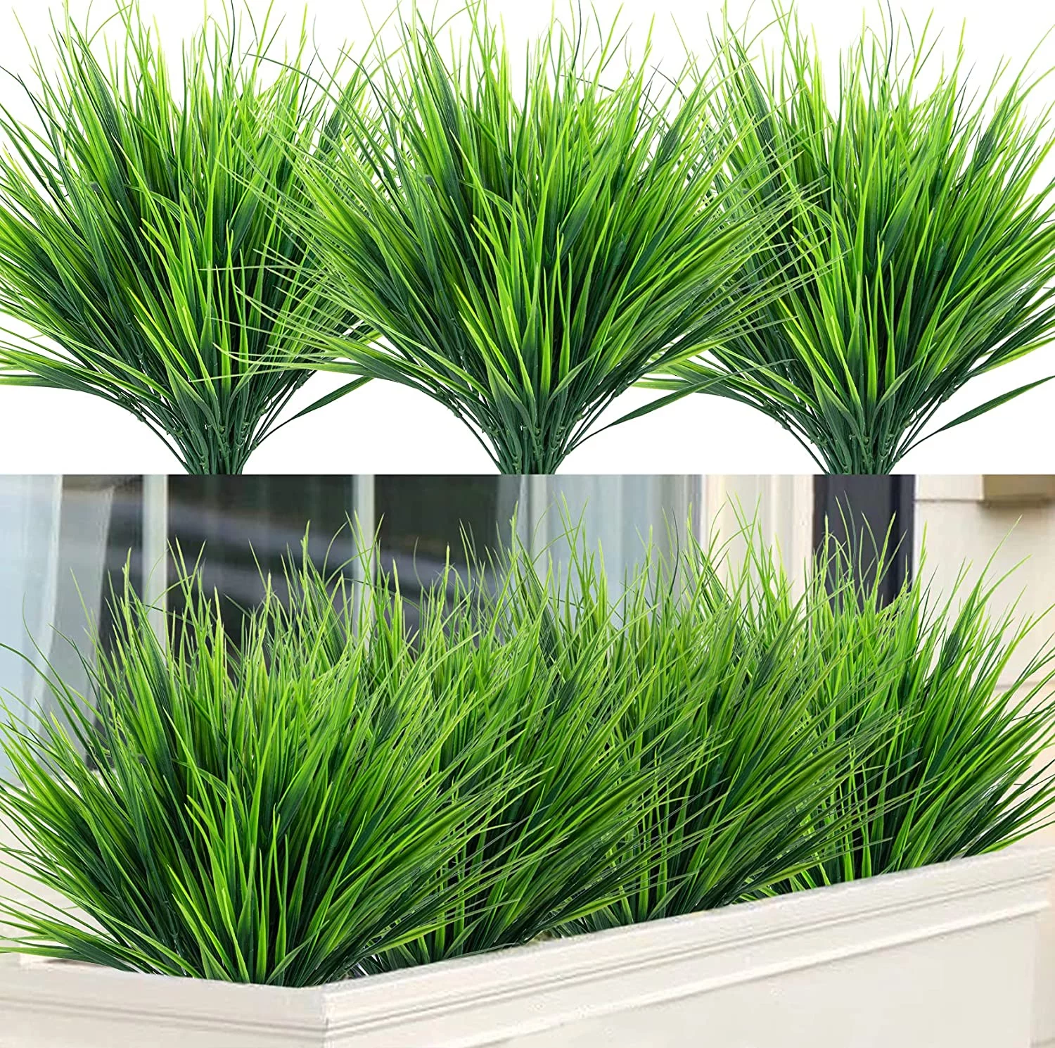 12 Bundles Fake Plants Outdoor,Spring Artificial Grass, UV Resistant Faux Bushes Plastic Greenery Shrubs for House Garden Patio Front Porch Indoor Outside Decor