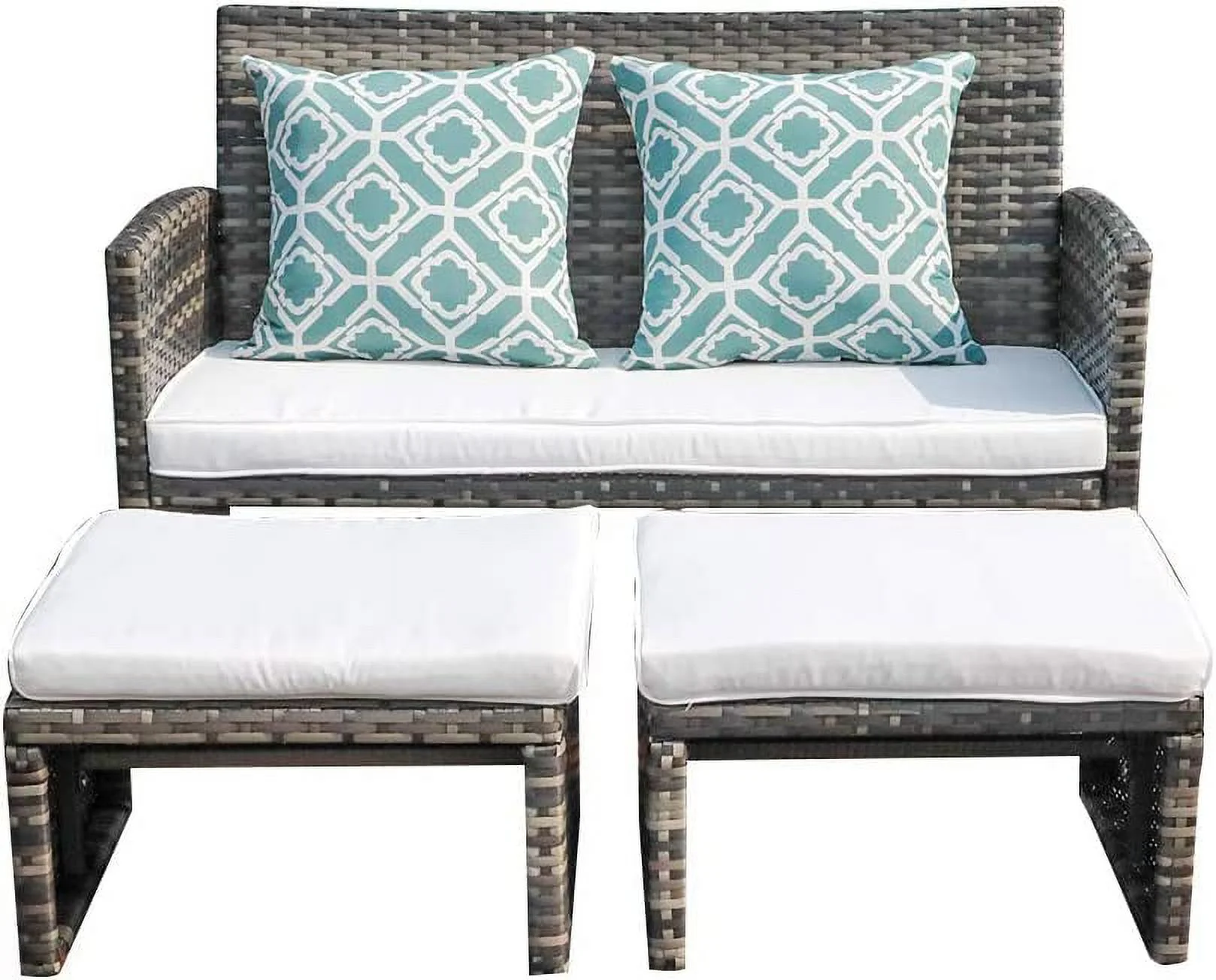 Dina Outdoor Loveseat Patio Furniture Rattan Conversation Set with Ottoman  Light Grey Cushions  Grey Wicker  Pillows Included