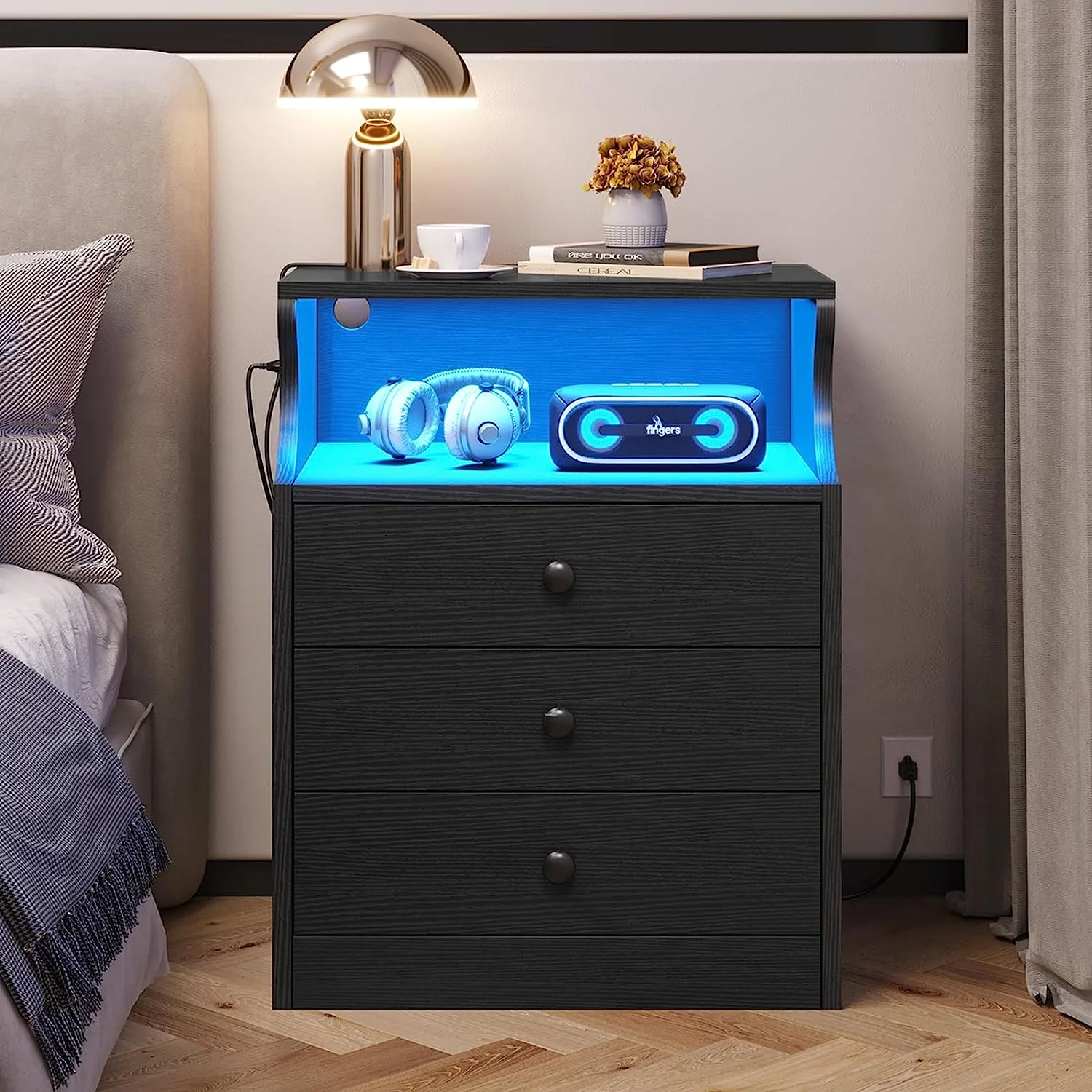 LED Nightstand with Charging Station&LED Lights&3 Drawers,Modern Night Stand Bedside Table for Bedroom Living Room, Black