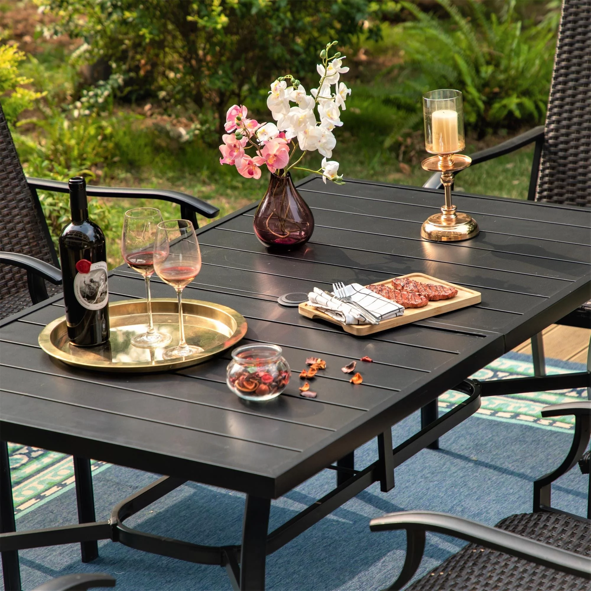 Outdoor Patio 7-Piece Dining Set, 1 Metal Table with an Umbrella Hole and 6 PE Rattan Chairs Fixed Chairs