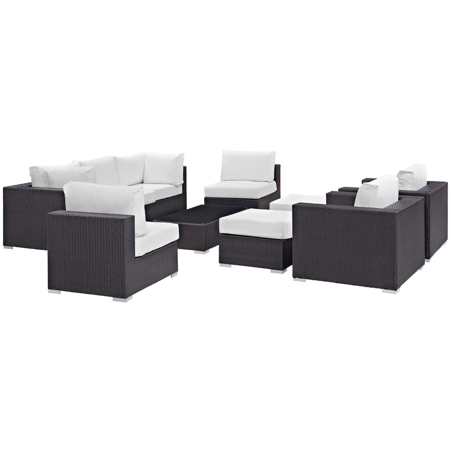 Lounge Sectional Sofa Table Set, White, Rattan, Wicker, Outdoor Patio Balcony Cafe Bistro Garden Hospitality Restaurant, Modern Contemporary HB32881