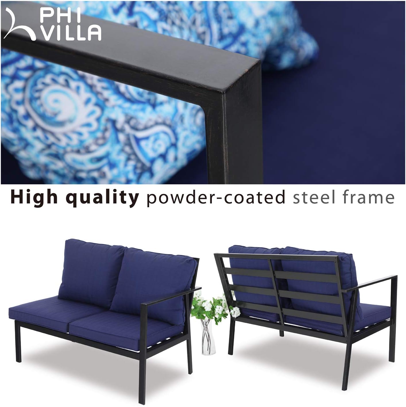 Dina 4 Piece Patio Furniture Set Clearance  Outdoor Metal Sectional Sofa Set V-Shaped L-Shape with 2 Corner Bench  1 Corner Chair & 1 Coffee Table for Lawn Garden Porch  Navy Blue
