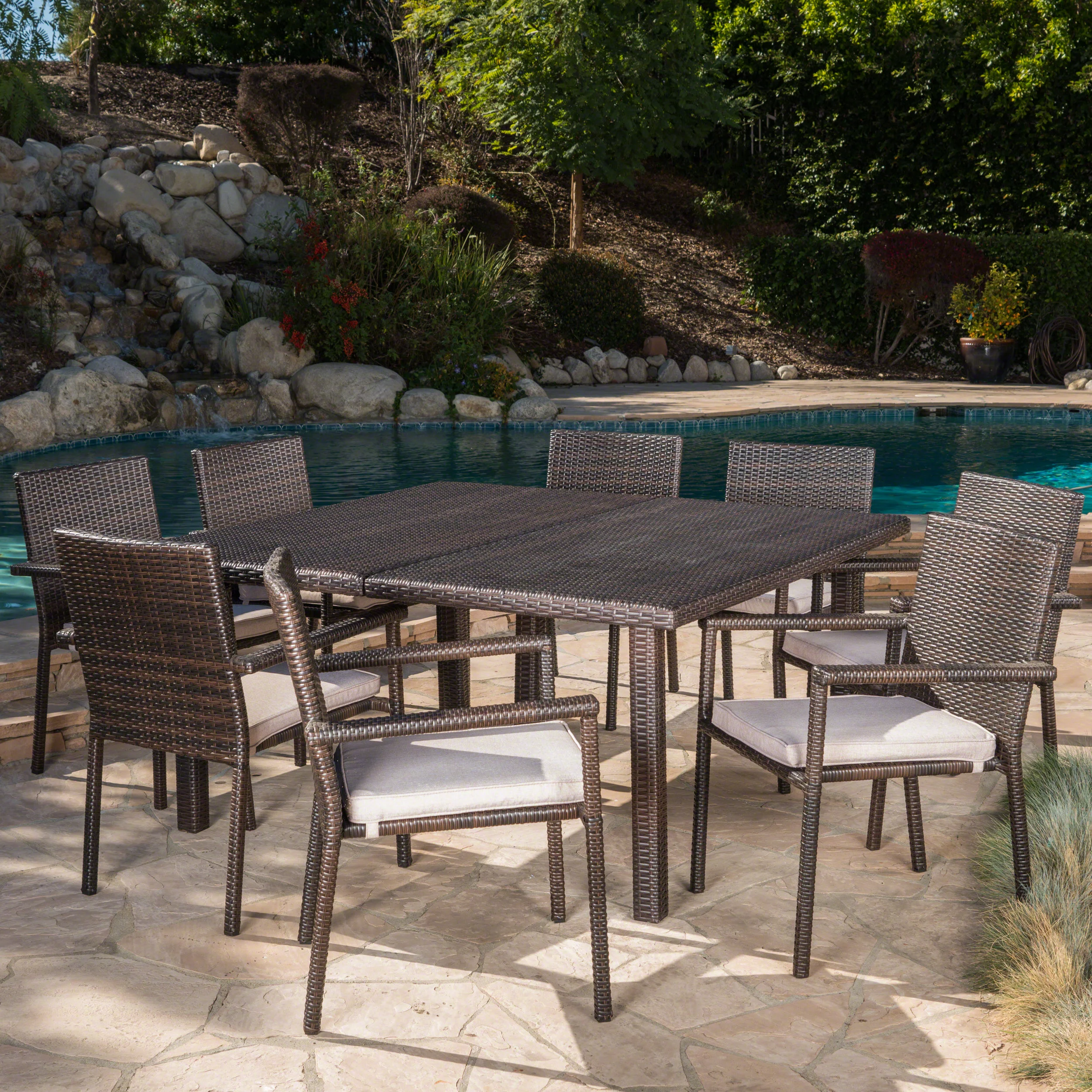 Blaine Outdoor 9 Piece Wicker Dining Set with Water Resistant Cushions, Multibrown, Textured Beige