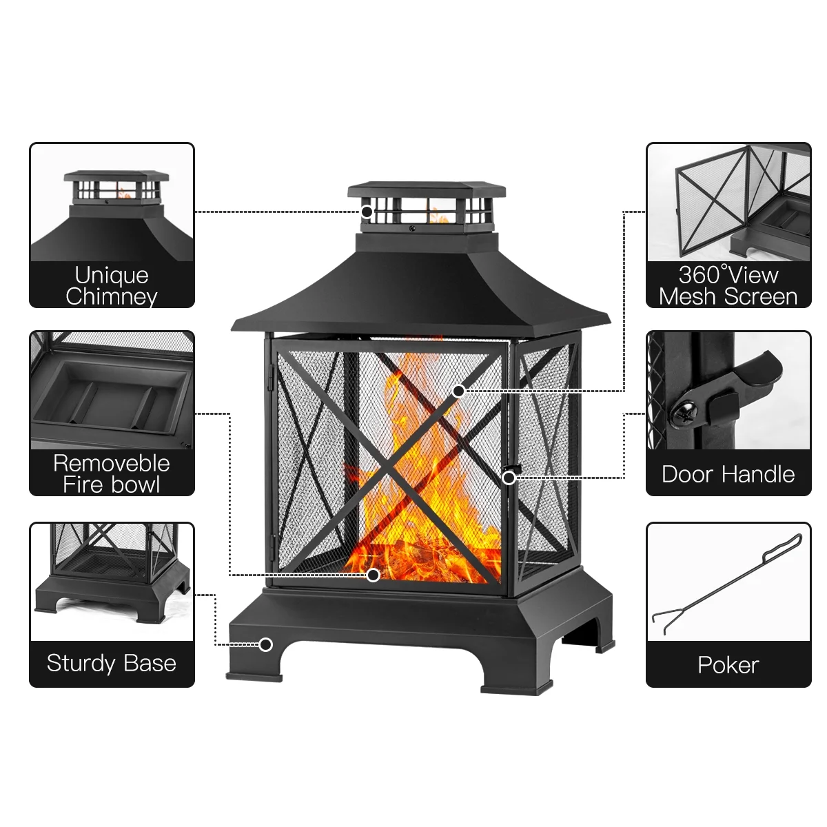 YLtoohoom 24” Pagoda-Style Steel Wood-Burning Fire Pit with Log Grate and Poker - Black High-Temperature Paint Finish