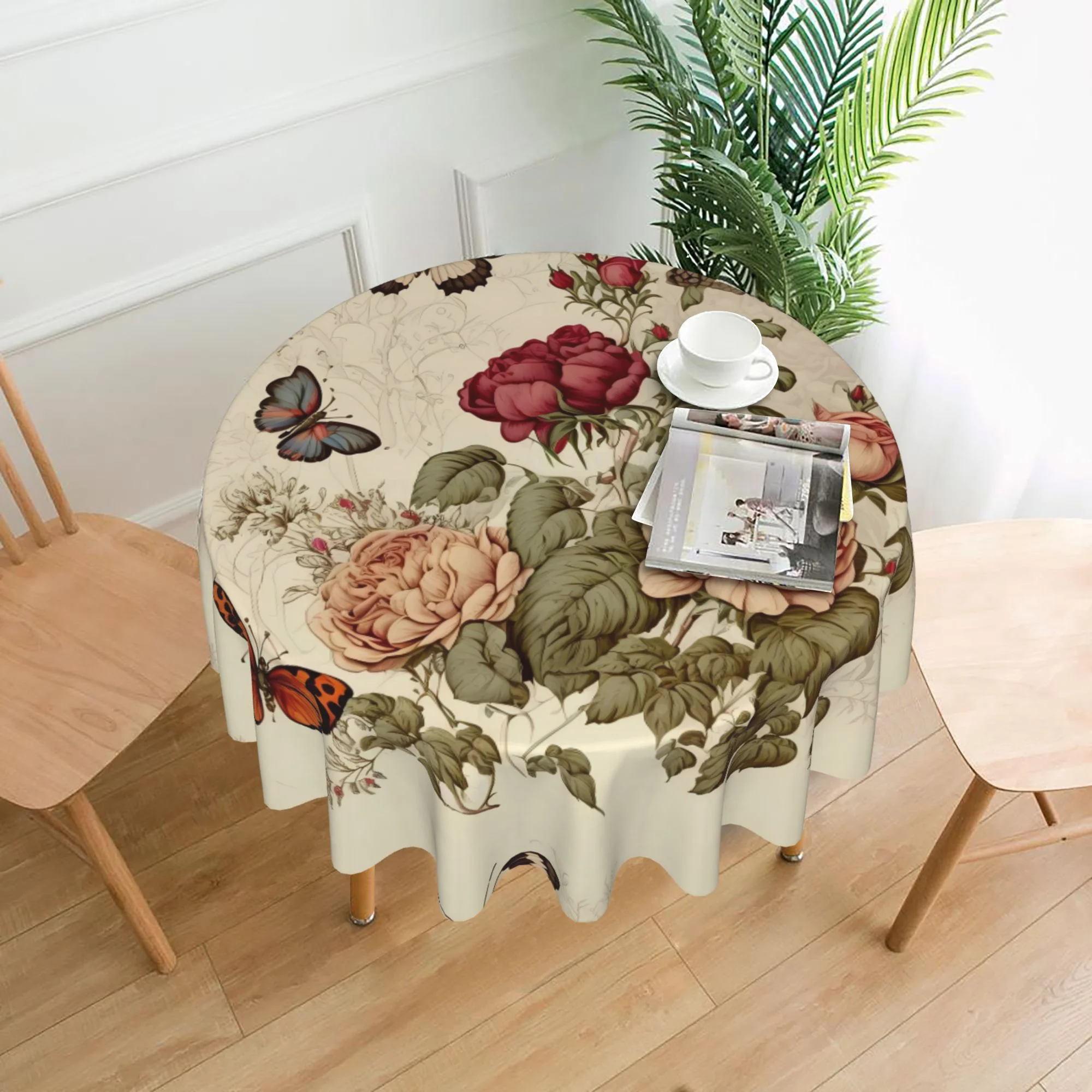 ZICANCN Round Table Cloths 60 Inch, Roses Butterflies Table Cover Waterproof Washable Outdoor Picnic Tablecloth