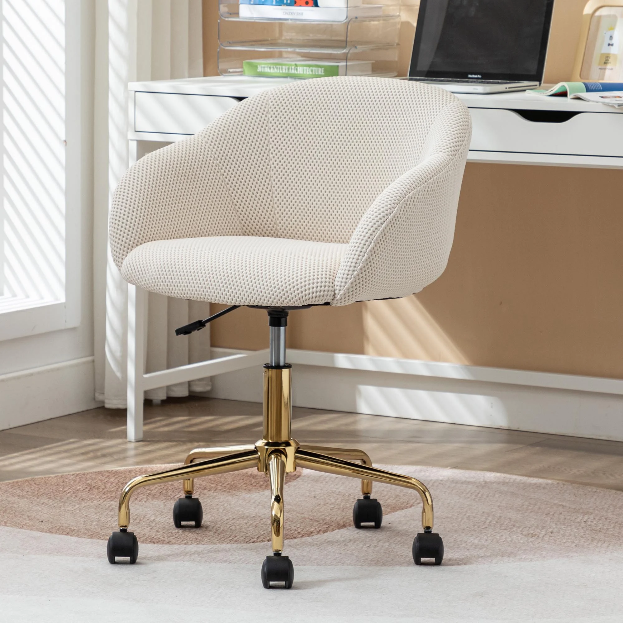 Mesh Fabric Home Office 360°Swivel Chair Adjustable Height With Gold Metal Base