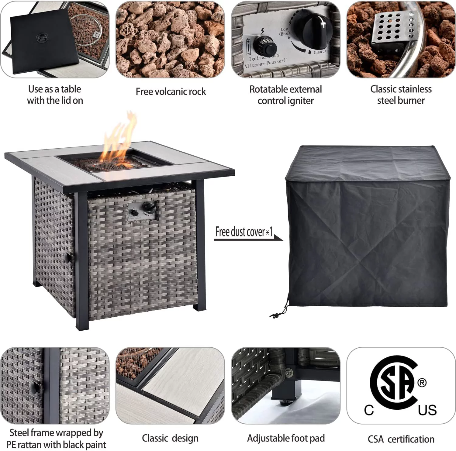 HOOOWOOO Patio Outdoor Conversation Set with Fire Pit Table 6 Pieces Outside  Sofa Set with PE Wicker Swivel Rocking Chairs Gas Fire Pit Table and Coffee Table Beige